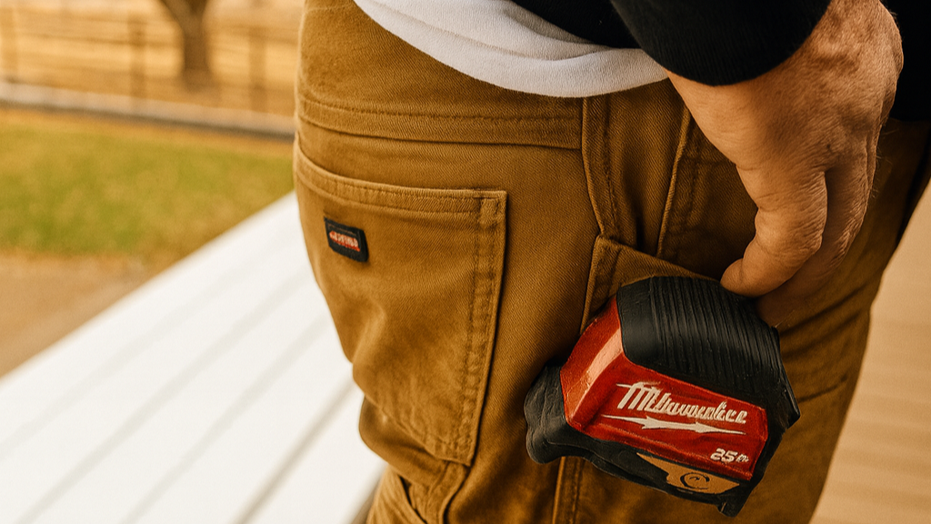 Close-up of a person wearing brown work pants with a Milwaukee 25-foot tape measure in the pocket, outdoors.