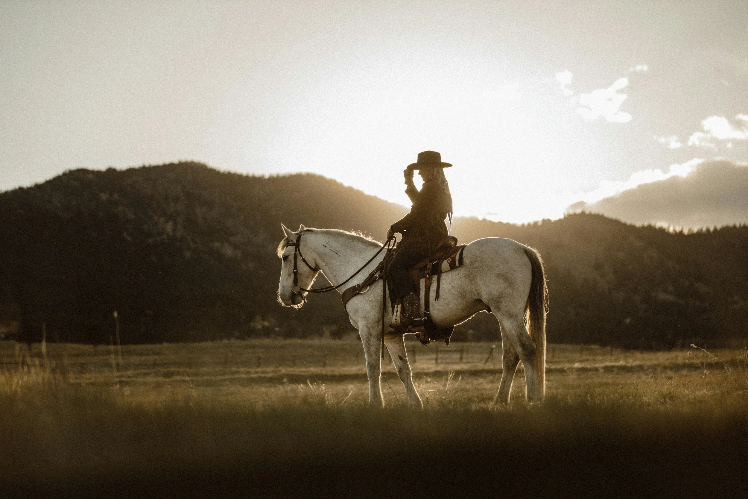 Person riding a white horse during sunset in a rural landscape with mountains in the background.