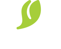 A stylized logo featuring a green leaf and a white hand