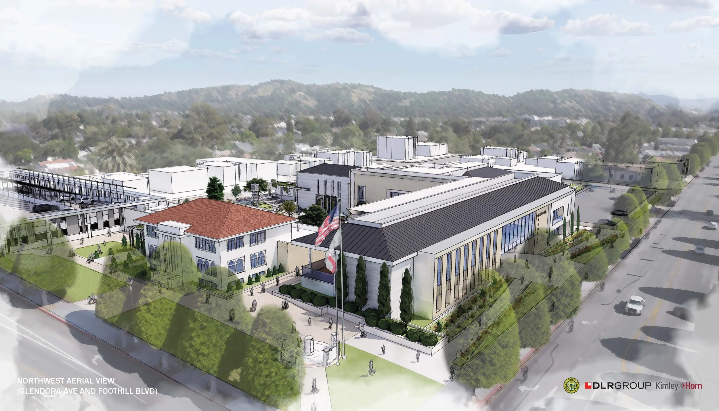 A digital rendering of a large modern building with glass windows, a sloped roof, and surrounding landscaped areas, located at the corner of Glendora Avenue and Foothill Boulevard, with a flagpole displaying the American and California flags in the foreground.