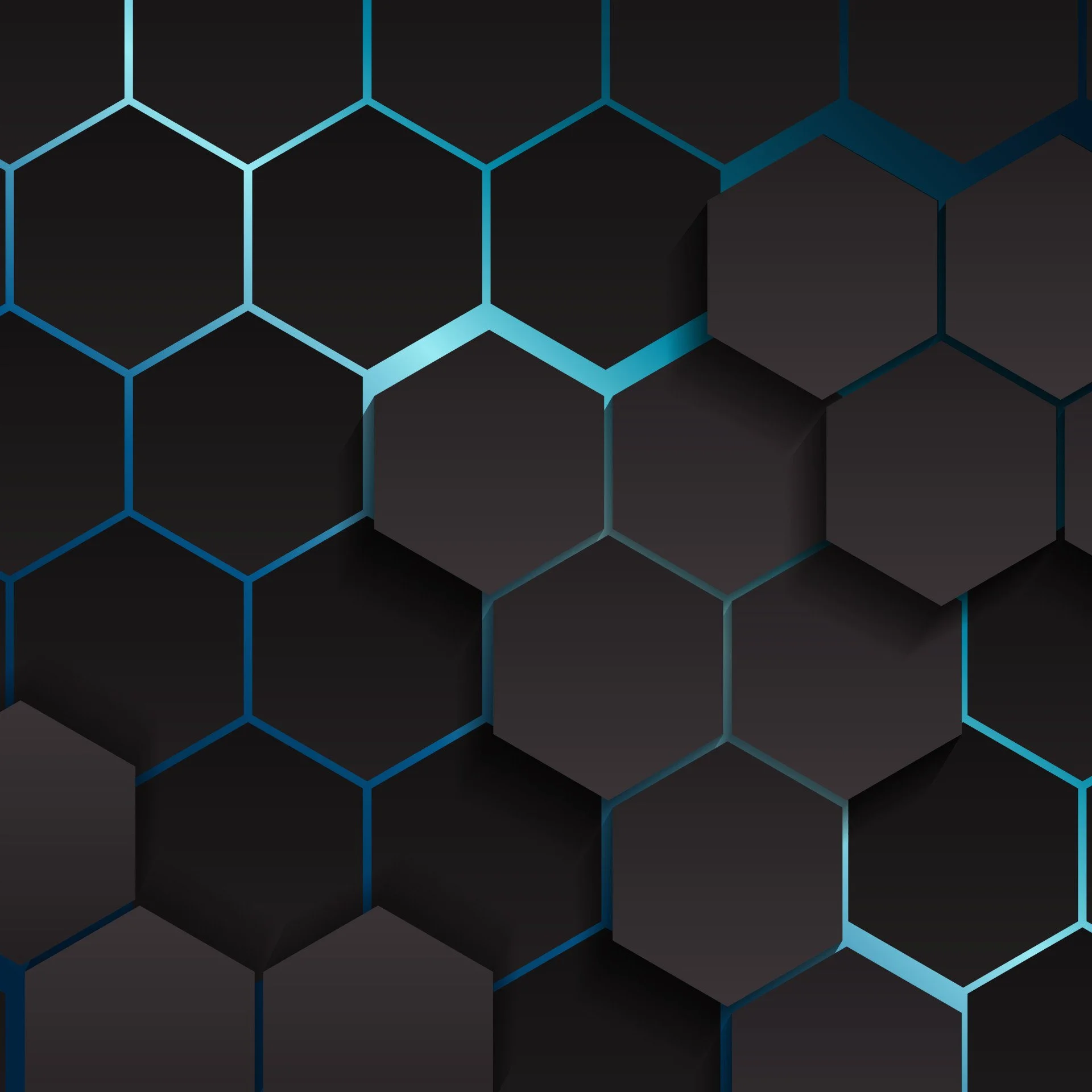 A digital illustration of hexagonal honeycomb pattern with glowing blue lines and black/gray shaded hexagons on a dark background.