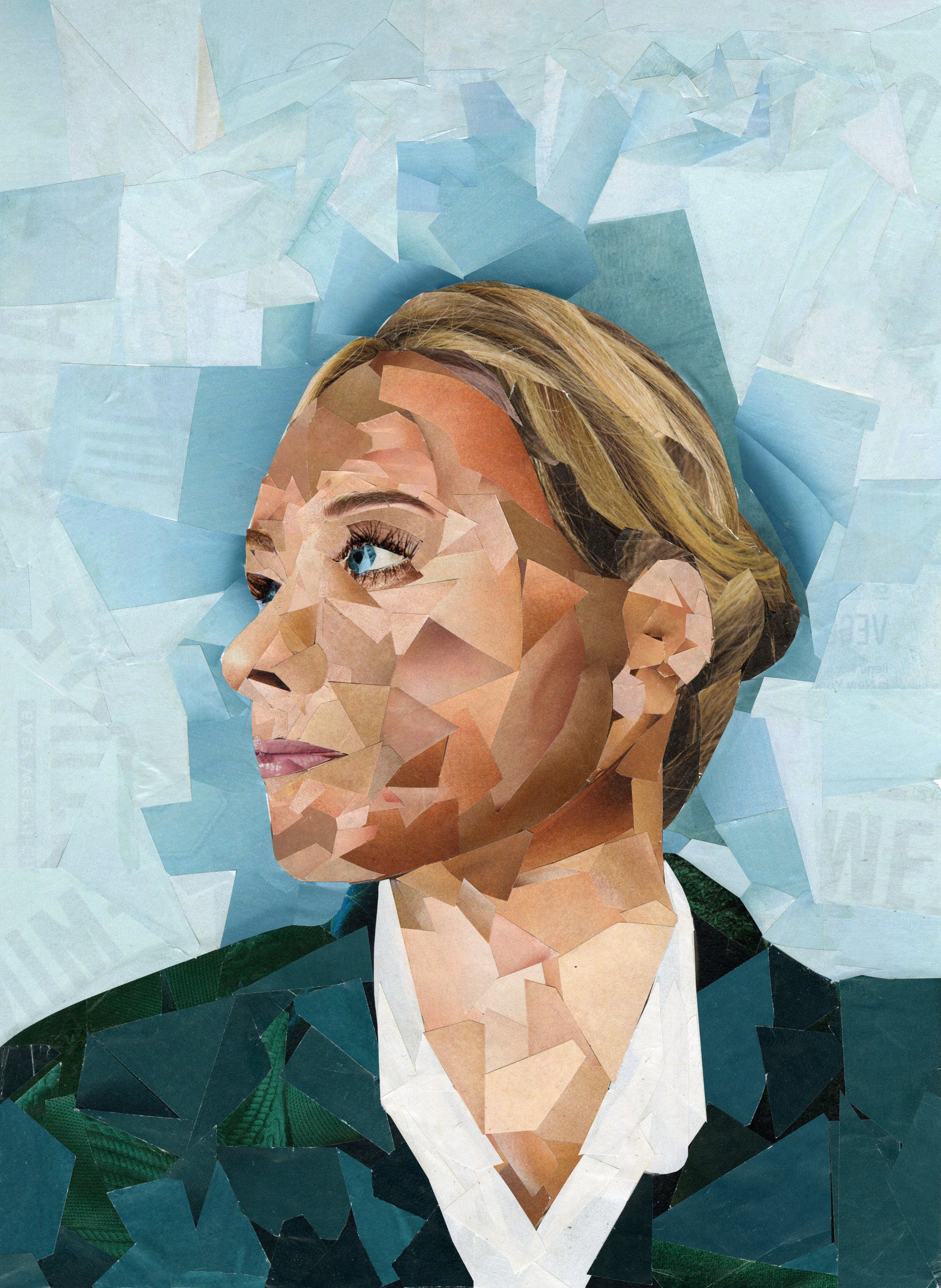A mosaic-style portrait of a woman with blonde hair, wearing a dark blazer and white shirt, looking to the side with a neutral expression, set against a textured light blue background.