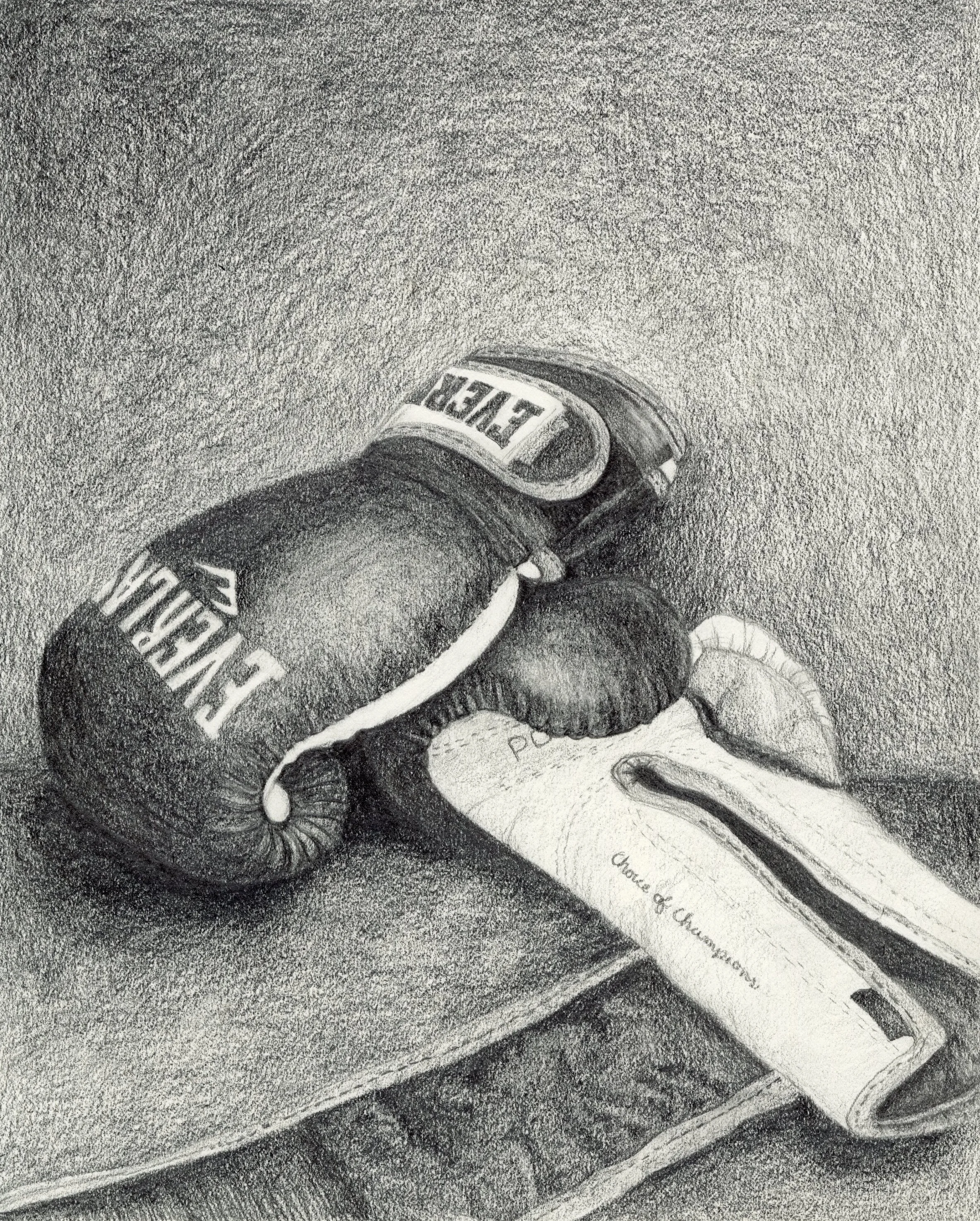A pencil sketch of a box cutter and a boxing glove resting on a textured surface.