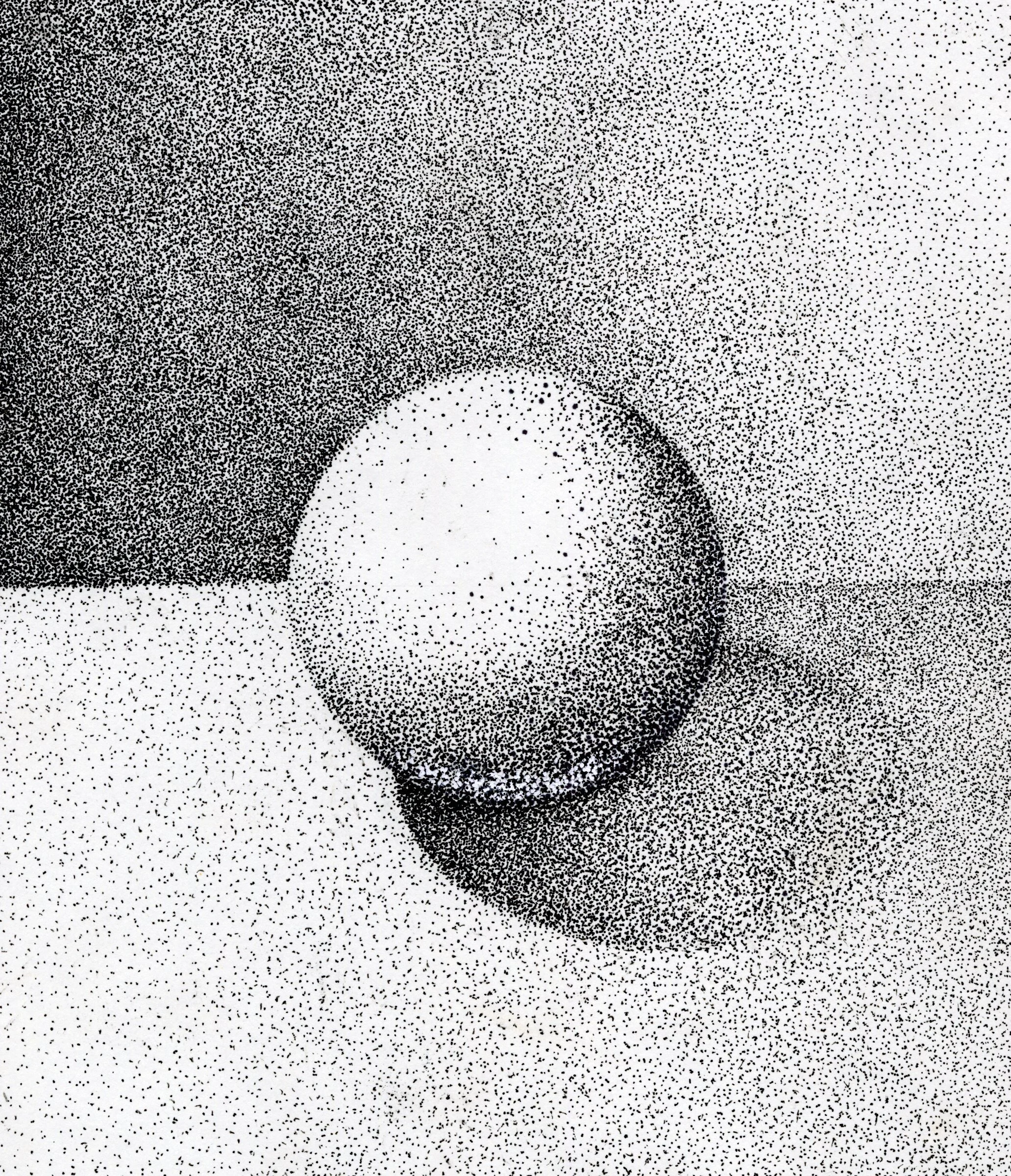 A black and white pointillism drawing of a sphere and a shadow cast on a surface.