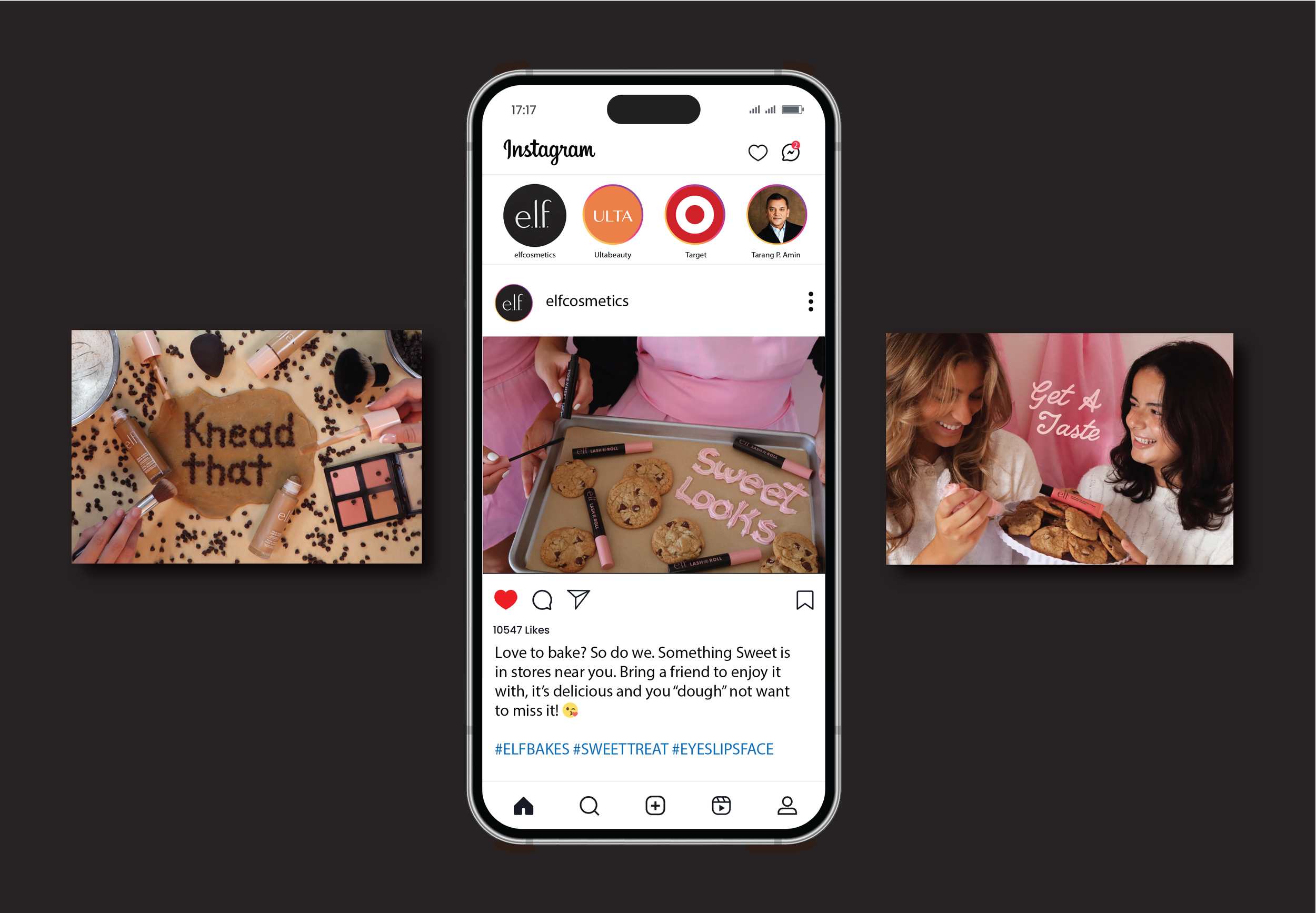 Instagram post on a smartphone with cookies and makeup products, surrounded by two images of women enjoying cookies with pink text overlays that say "Knead that" and "Get A Taste."