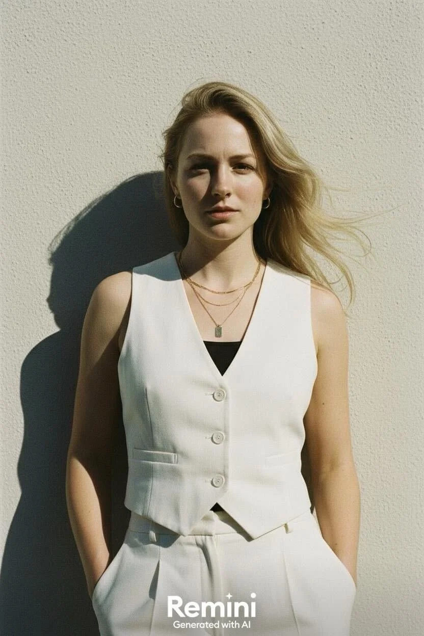 A young woman with blonde hair standing against a beige wall, wearing a white sleeveless vest and matching pants, with layered necklaces, one of which has a rectangular pendant.
