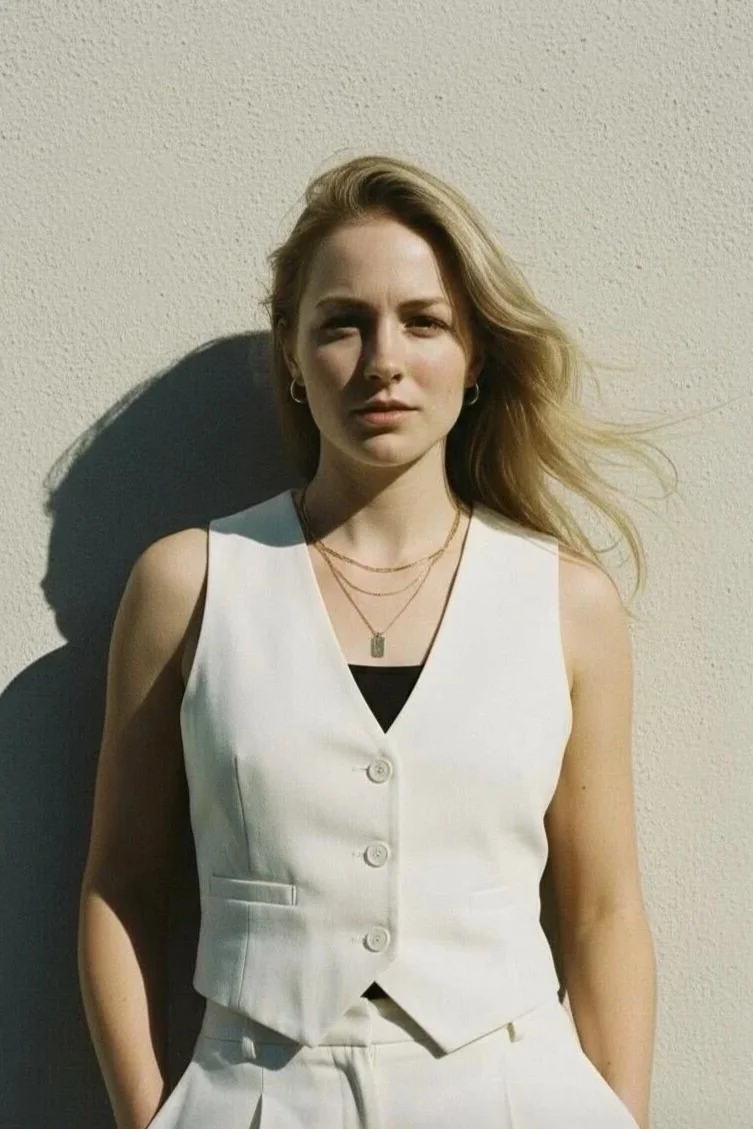 A young woman with long blonde hair wearing a white sleeveless vest and matching pants, standing against a beige wall with her hands in her pockets, casting a shadow on the wall.