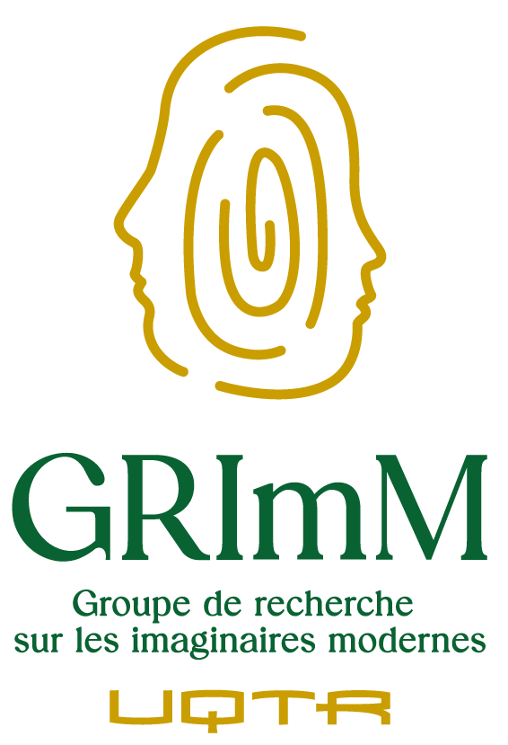 Logo avec deux visages stylisés en profil, entourés d'une spirale, avec le texte "GRImM" et "Groupe de recherche sur les imaginaires modernes" en vert, et