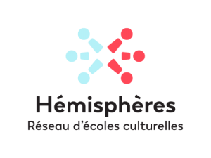 Logo avec deux formes en croix, une en bleu et une en rouge, et le texte 'Hémisphères Réseau d'écoles culturelles' en dessous.