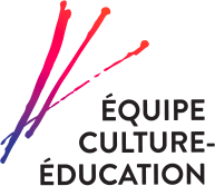 Logo avec des pinceaux de peinture violets, roses et bleus, et le texte 'Équipe Culture Éducation' en noir