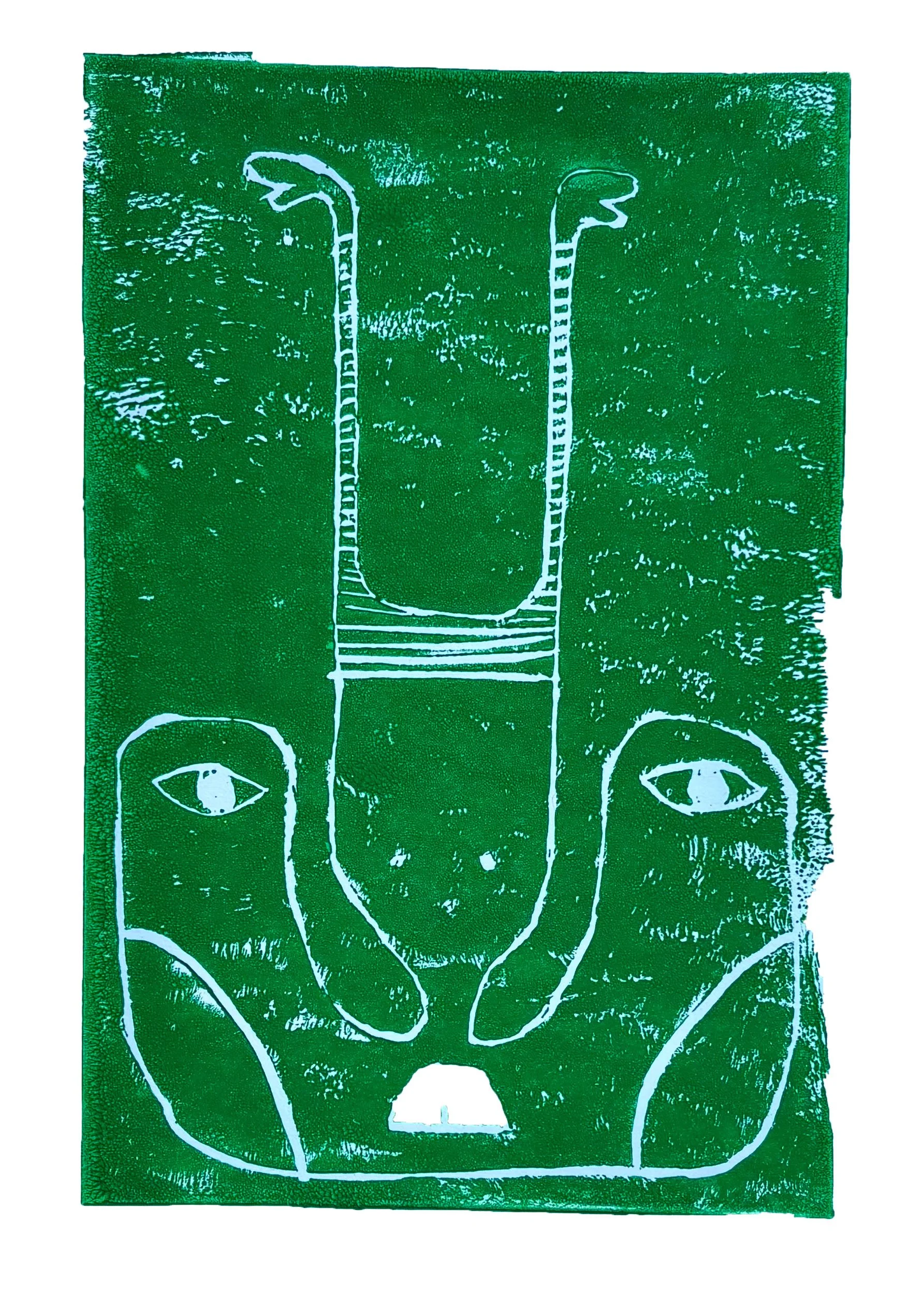 GREEN MAN DOWN, 2025. Linocut print, 4.5 x 6.5 IN.