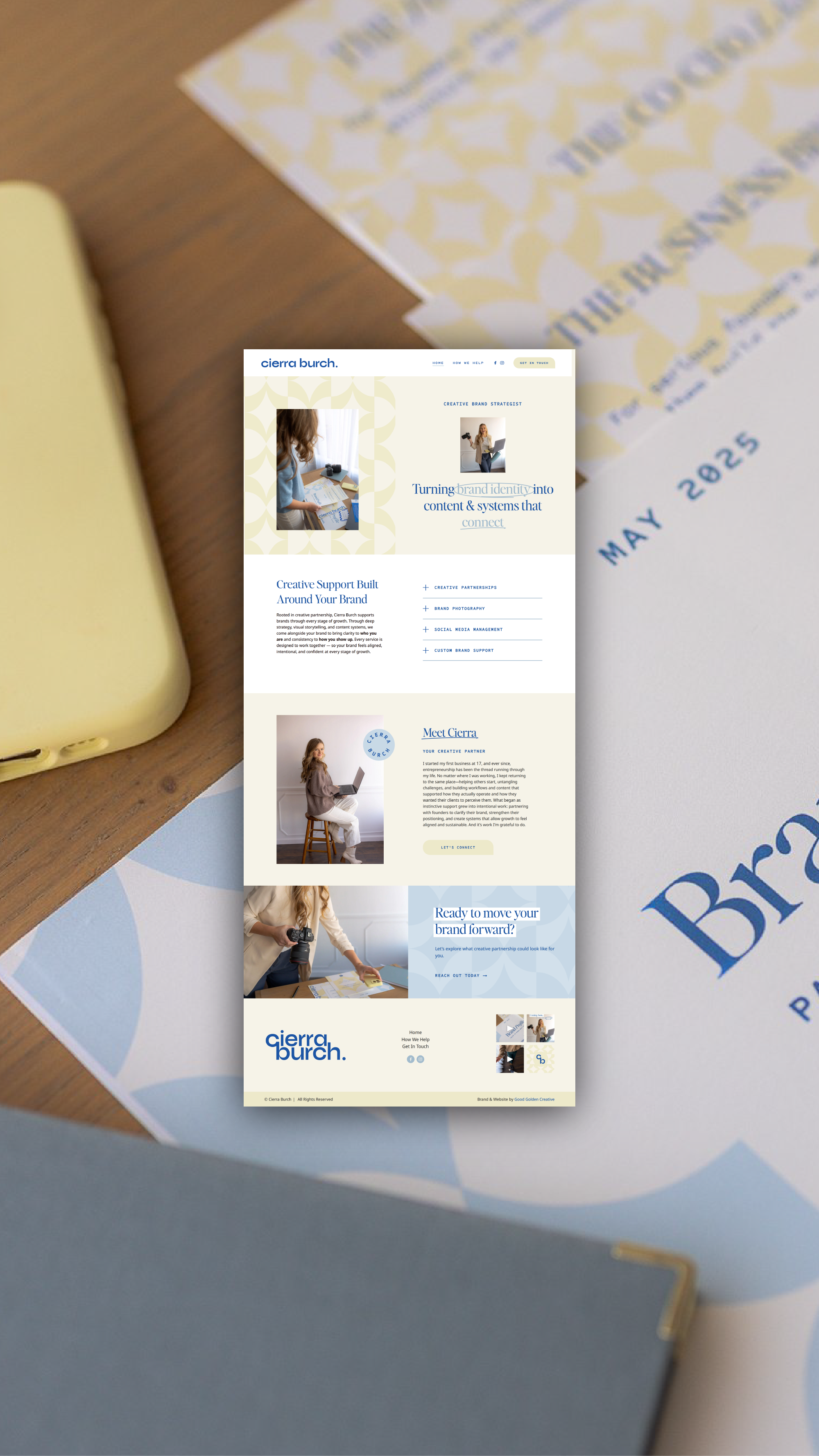 A website homepage for Cierra Burch, a creative brand strategist, shown on a computer screen. The page includes images of a woman working with documents, a woman with a laptop, and a woman with a camera, along with text about branding services and contact options.