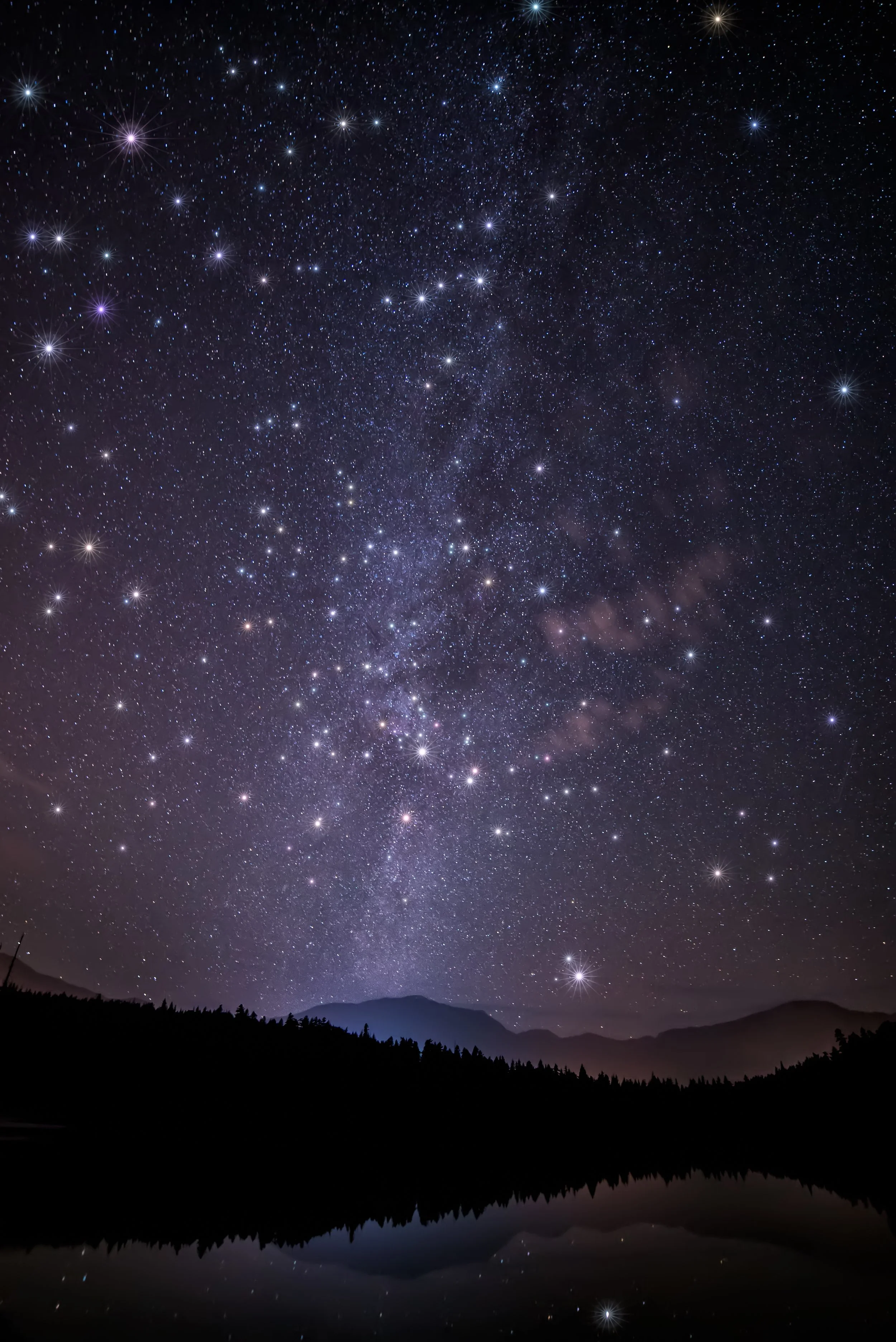 Starry night sky with countless stars and the Milky Way galaxy over a silhouette of a forested landscape and reflected in a lake.