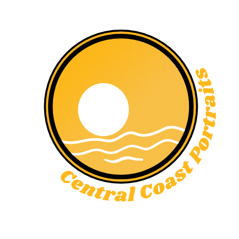 Central Coast Portraits Logo. Logo with a sun, wavy lines, and a globe representing nature and environment.