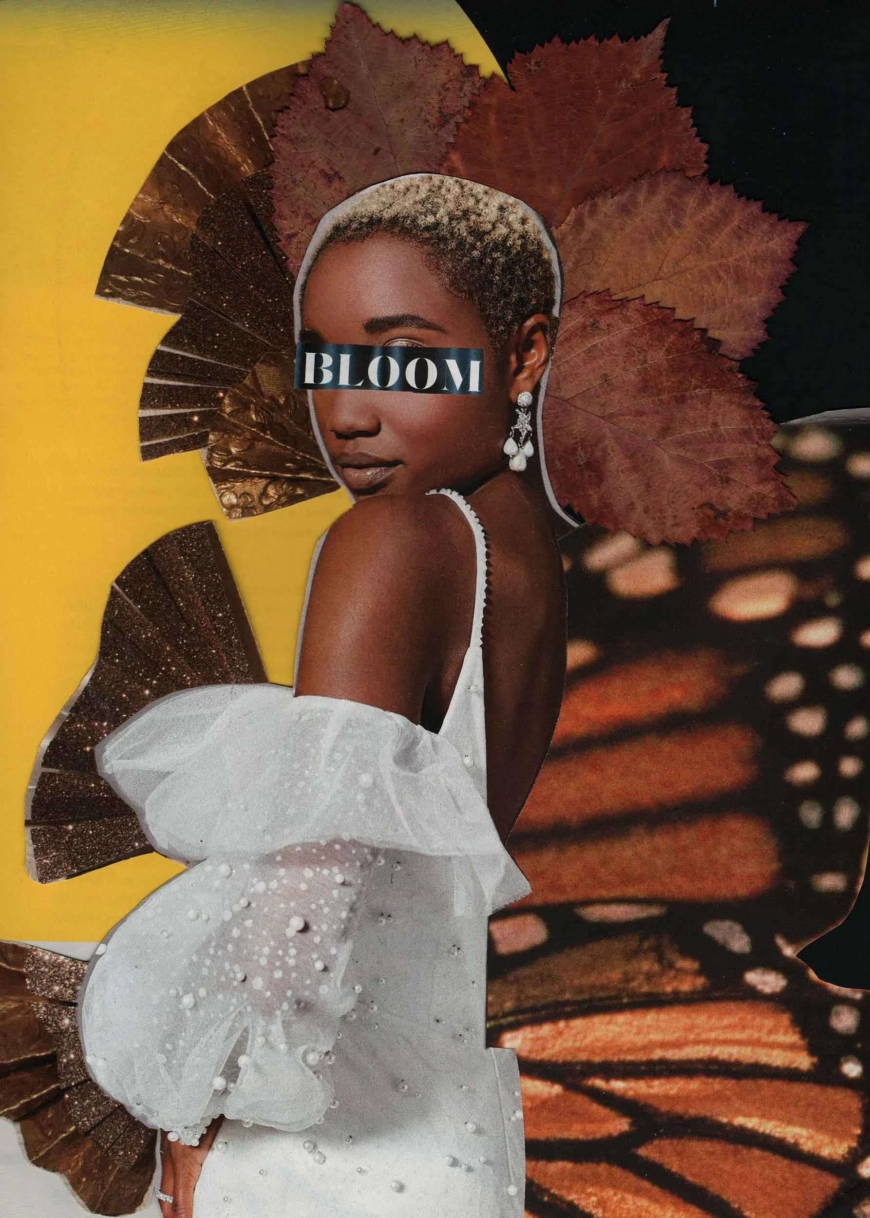 A collage of a woman with short blonde hair, wearing white earrings and a white dress with puffed sleeves. The background includes large autumn leaves and butterfly wings, with a yellow and black backdrop. The word "BLOOM" is superimposed over her ey