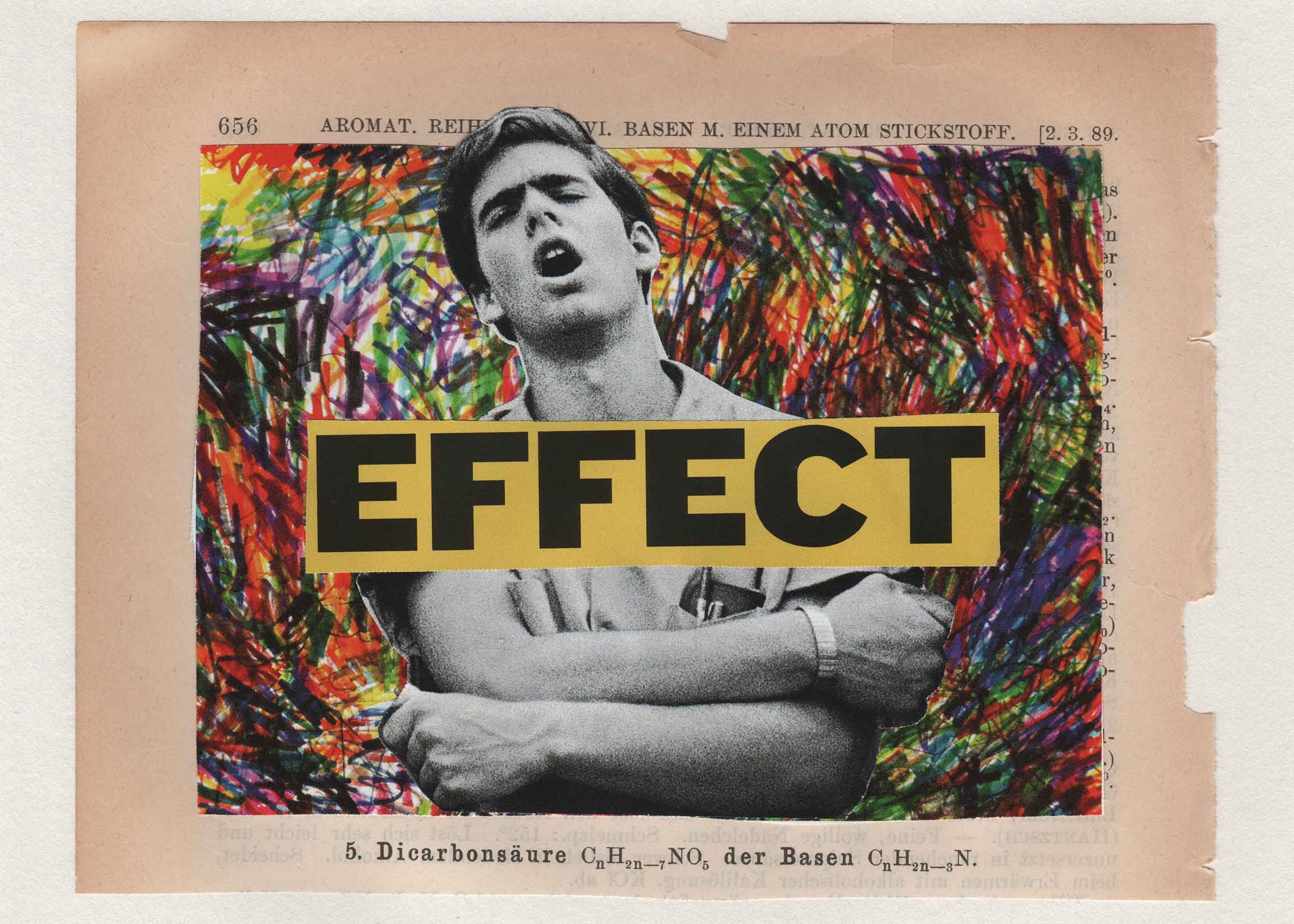 Black and white photo of a young man with the word "EFFECT" in bold, black letters on a yellow background across his chest. The photo is placed over a colorful, abstract background with a torn and aged paper border.