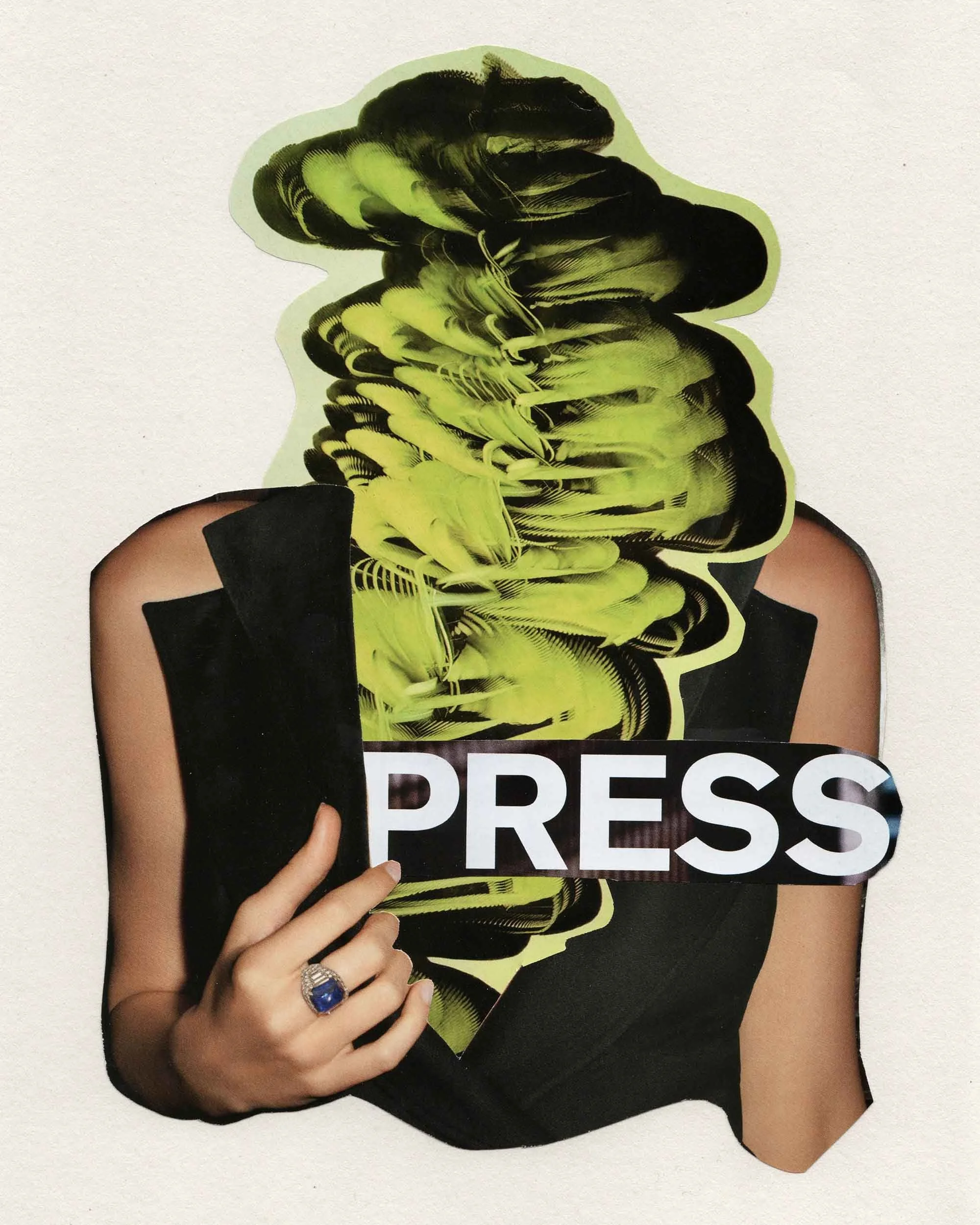 A person in a black sleeveless top holding a sign that says 'PRESS' over their chest. The person's face is obscured by a yellow and black distorted collage or digital effect.