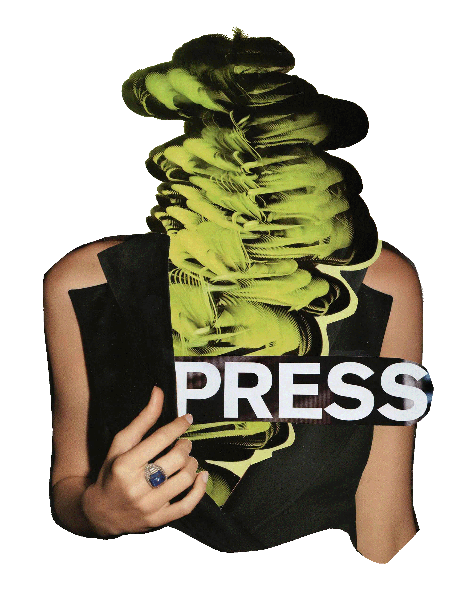 A person in a black sleeveless top holding a sign that says 'PRESS' over their chest. The person's face is obscured by a yellow and black distorted collage or digital effect.