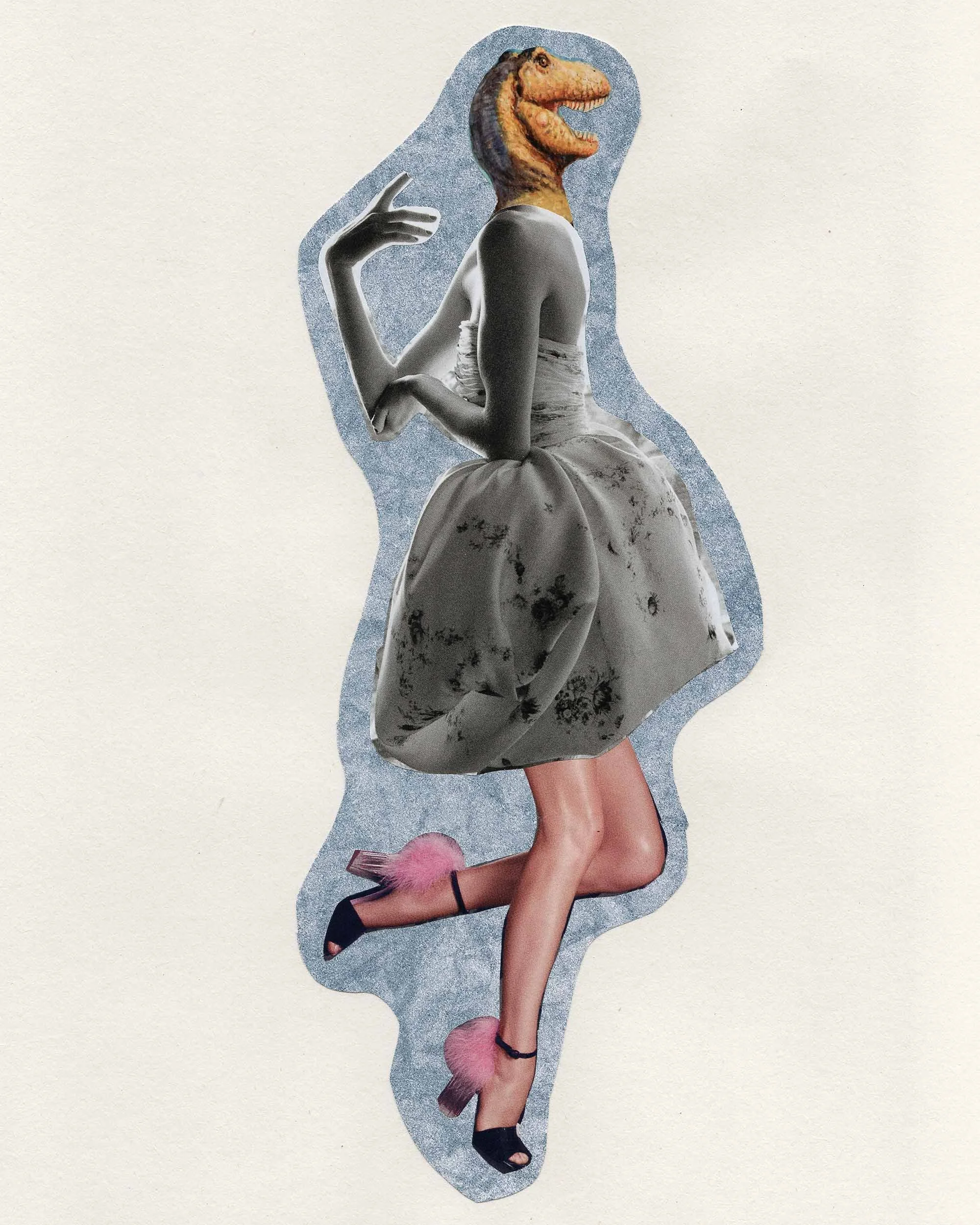 A collage featuring a woman with a dinosaur head for a face, wearing an elegant dress, standing on one leg with the other bent, and wearing high heels with fluffy pink accents.