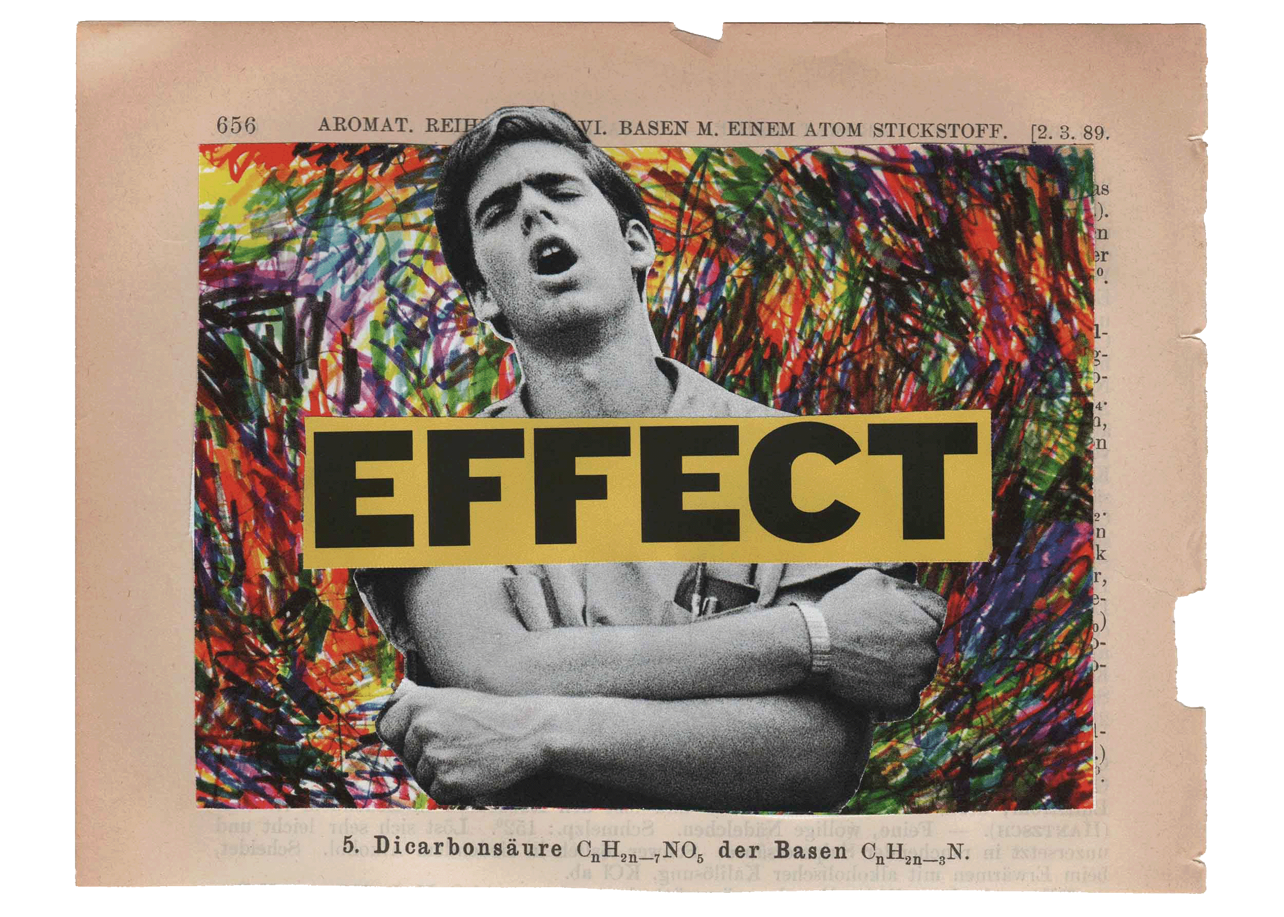 Black and white photo of a young man with the word "EFFECT" in bold, black letters on a yellow background across his chest. The photo is placed over a colorful, abstract background with a torn and aged paper border.
