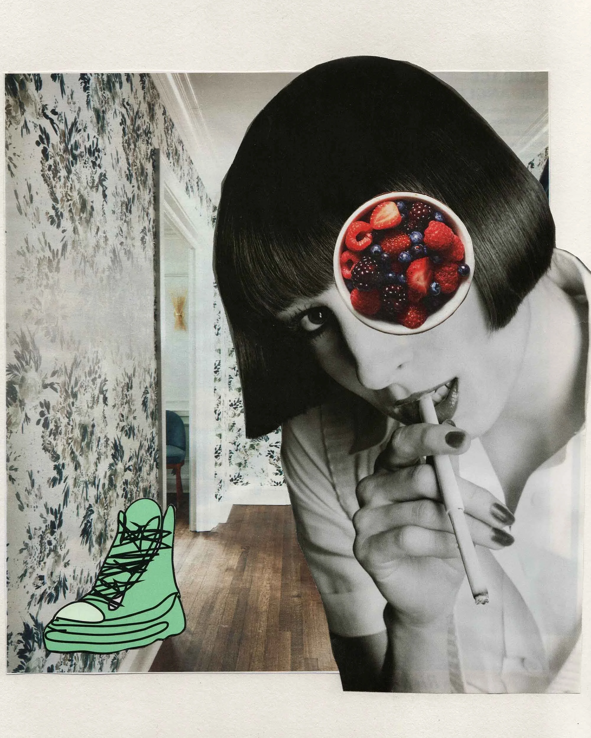 A black-and-white photograph of a woman with a bowl of berries on her forehead, holding a cigarette with lips parted, and a graphic illustration of a sneaker in the background.