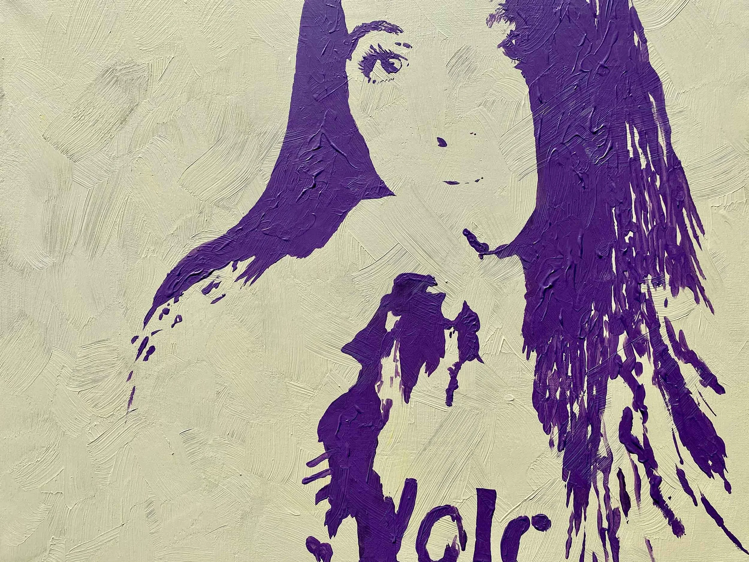 Portrait of a woman with long hair, rendered in purple ink on a textured beige background.