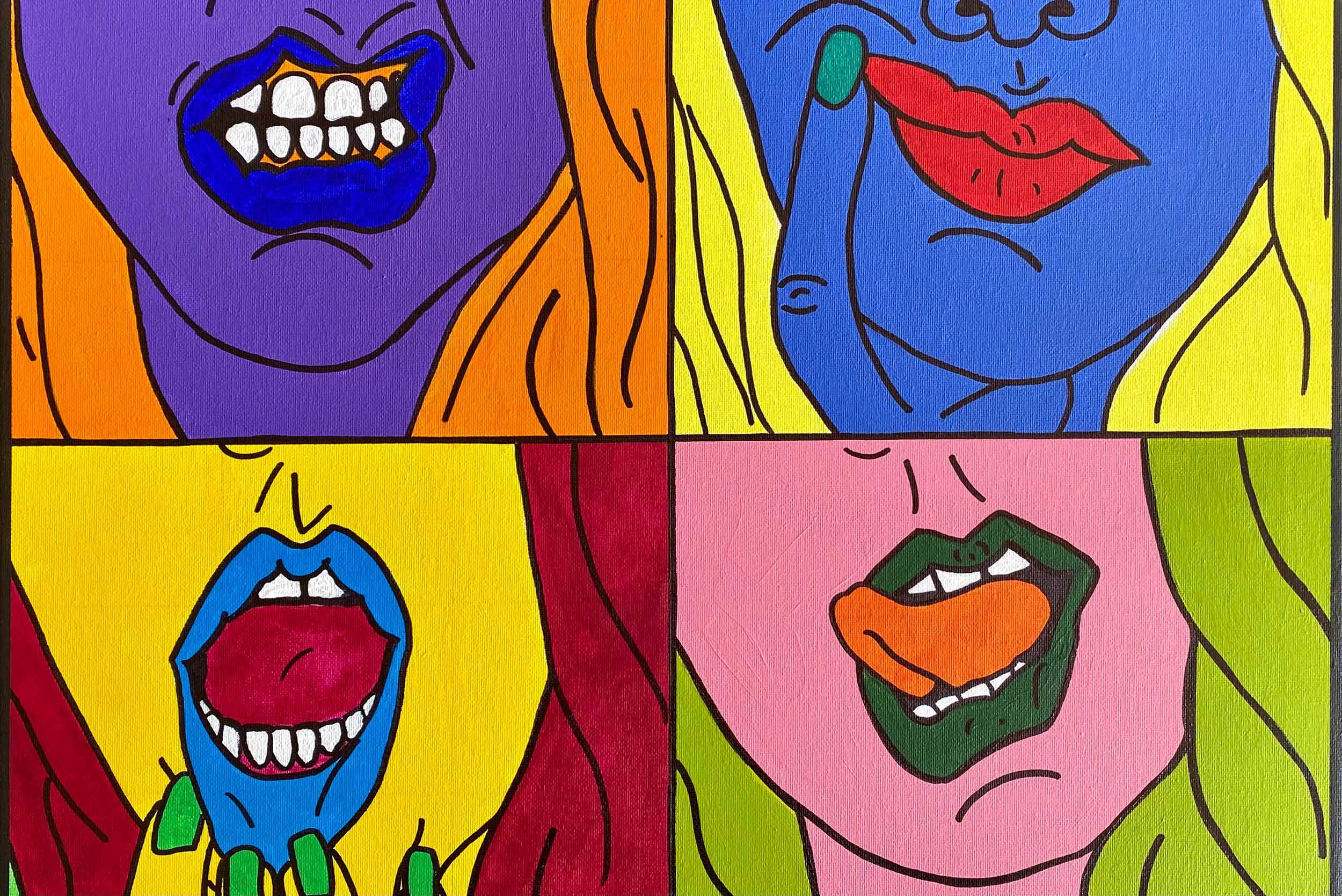 A four-panel pop art style illustration featuring close-up of female faces with bold, vivid colors, each showing different lips and partial facial features: top left with purple face and teeth, top right with blue face and red lips, bottom left with 