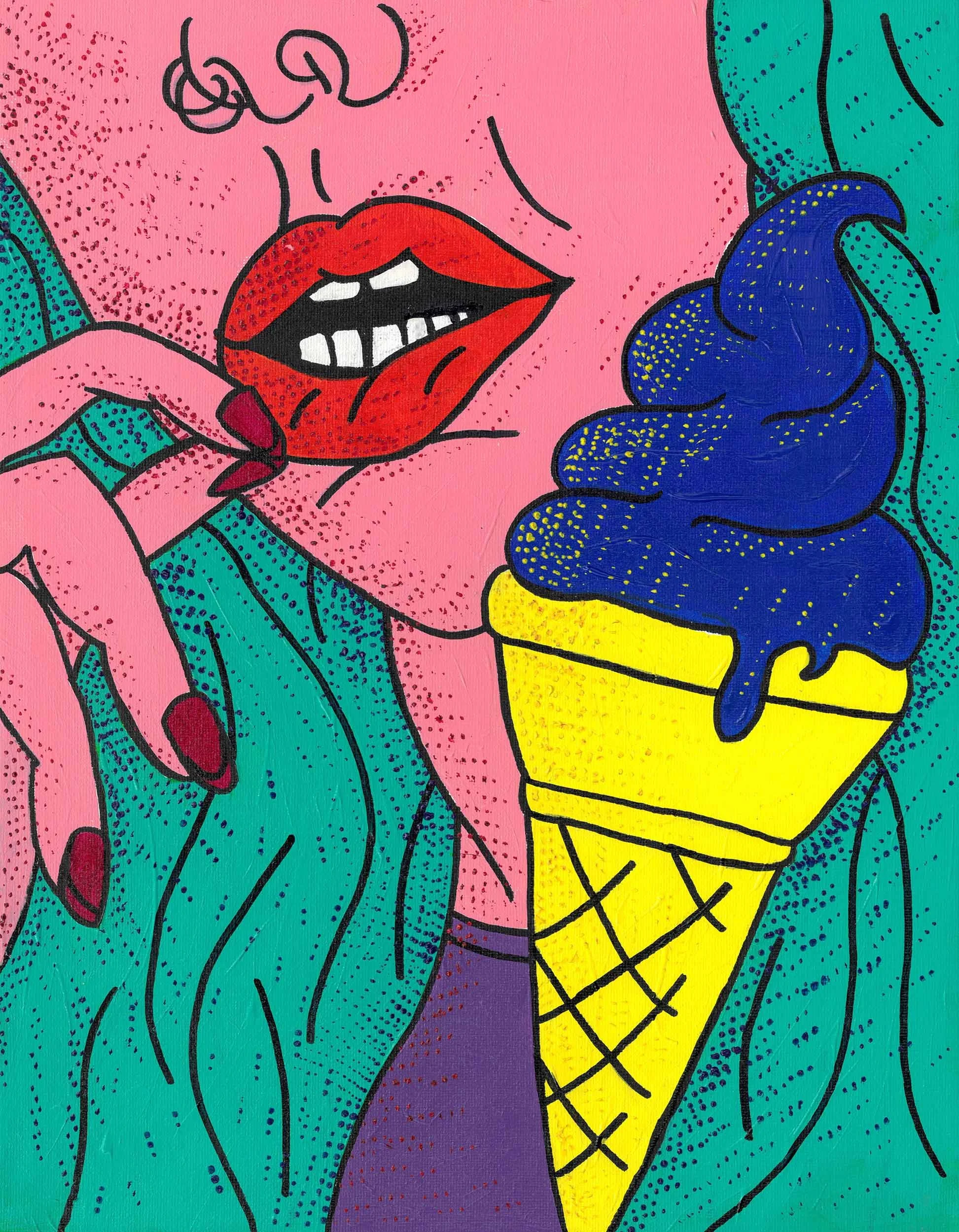 Pop art style illustration of a woman with red lips and teal hair holding a blue ice cream cone with yellow cone, against a pink background.