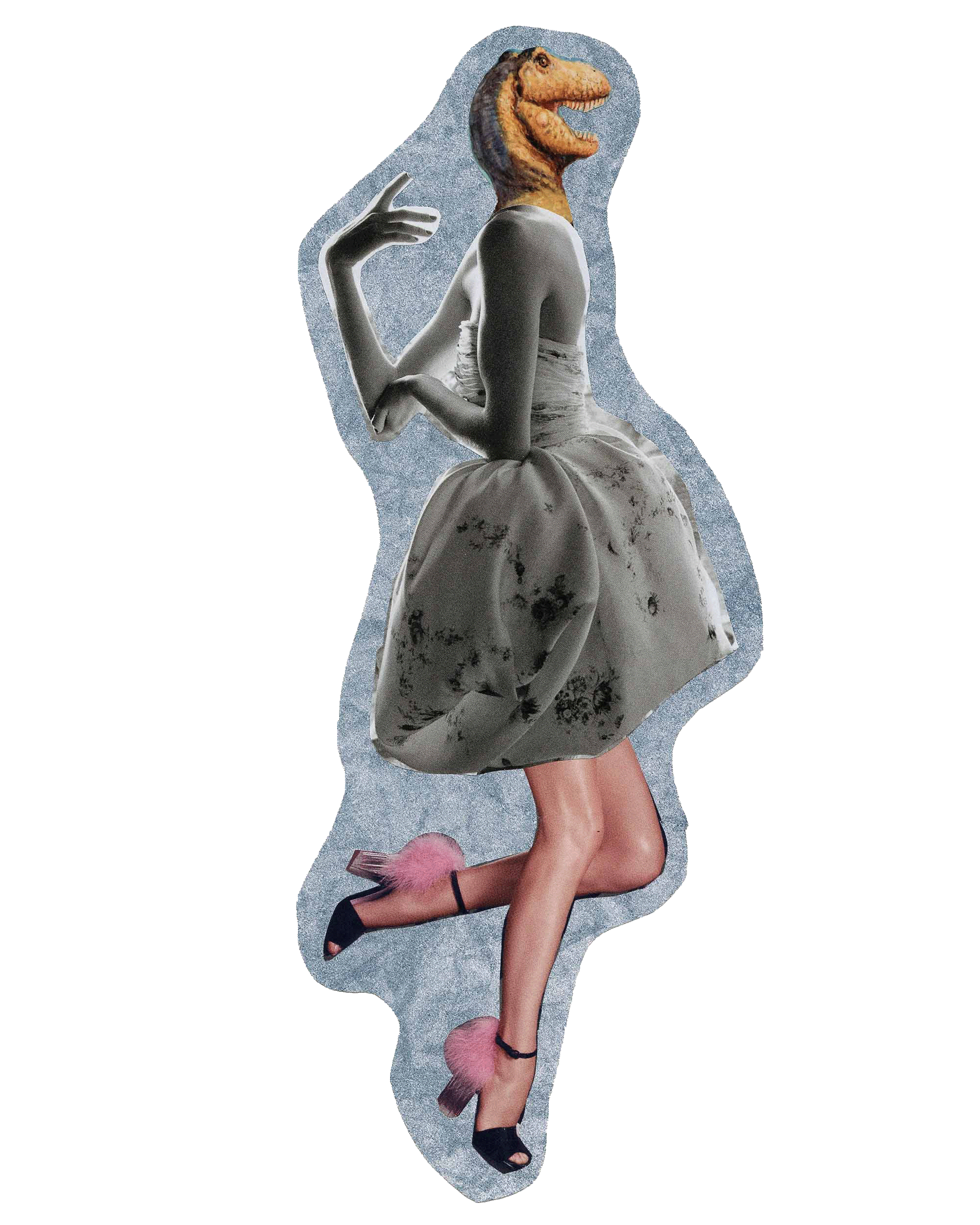 A collage featuring a woman with a dinosaur head for a face, wearing an elegant dress, standing on one leg with the other bent, and wearing high heels with fluffy pink accents.