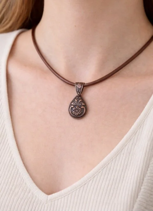 Double-Sided Copper Pendant on Leather Necklace with Sterling Silver Clasp