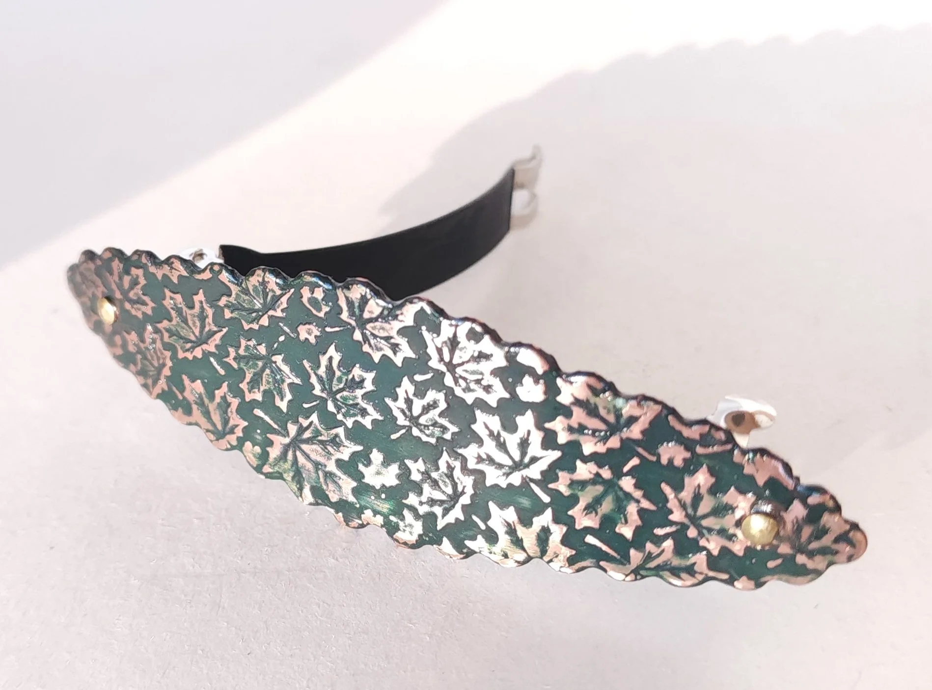 Maple Leaf Baarrette with Deep Green Patina