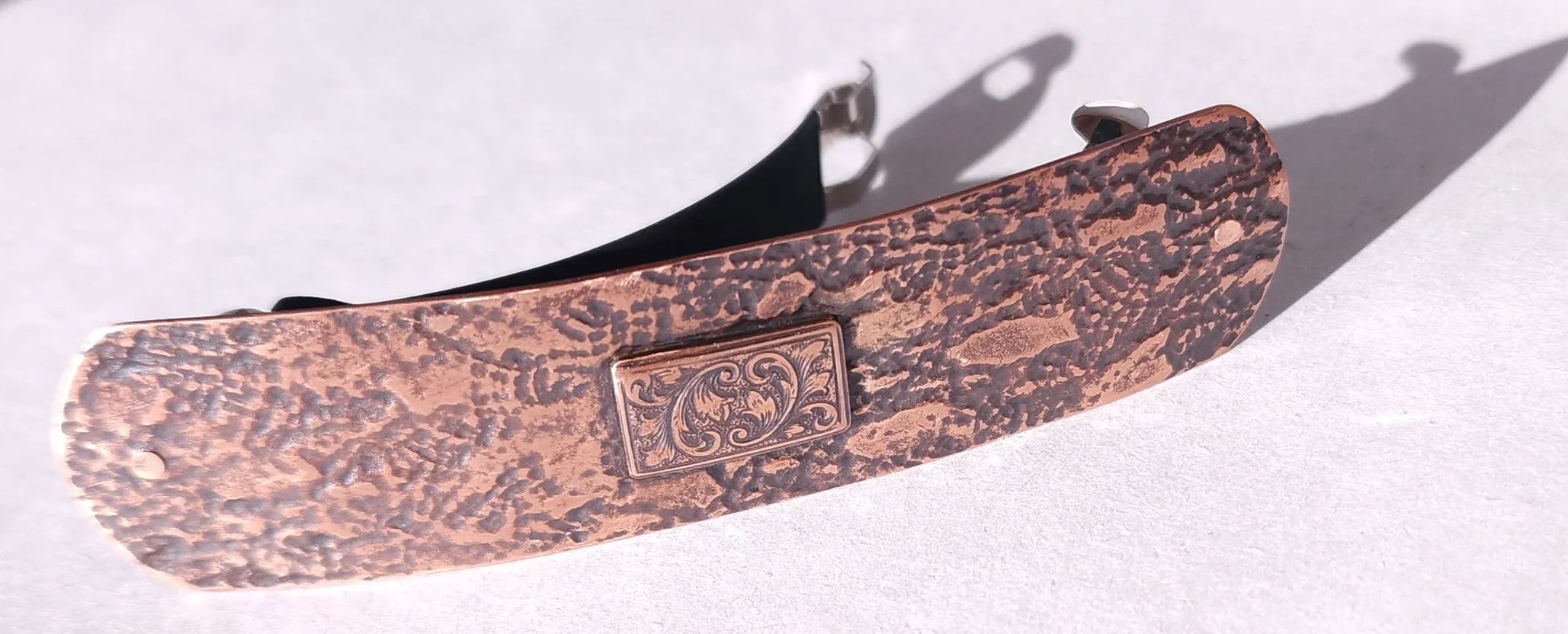 Lace-Texture Copper Barrette with Ornamental accent Plate