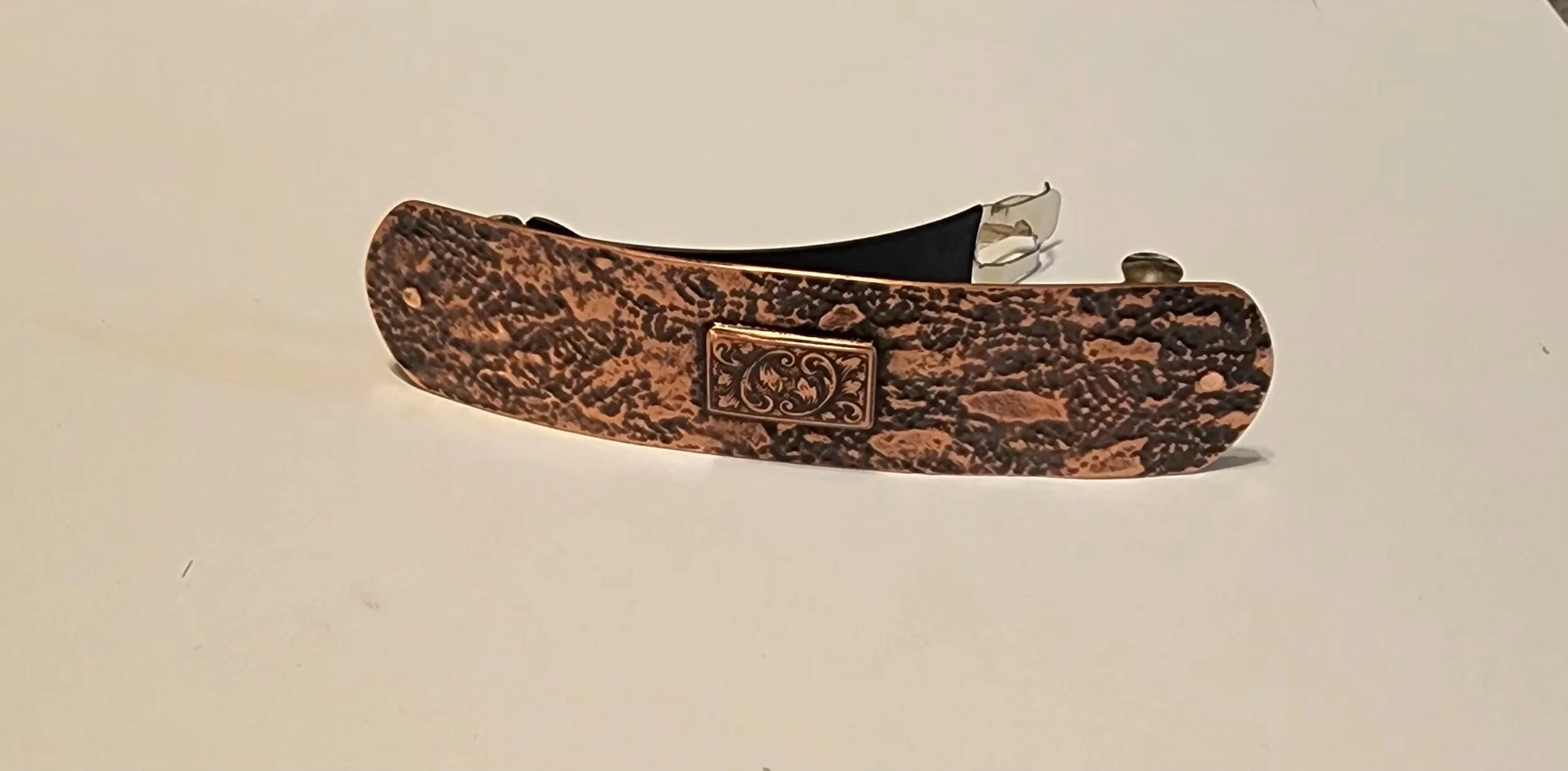 Lace-Texture Copper Barrette with Ornamental accent Plate