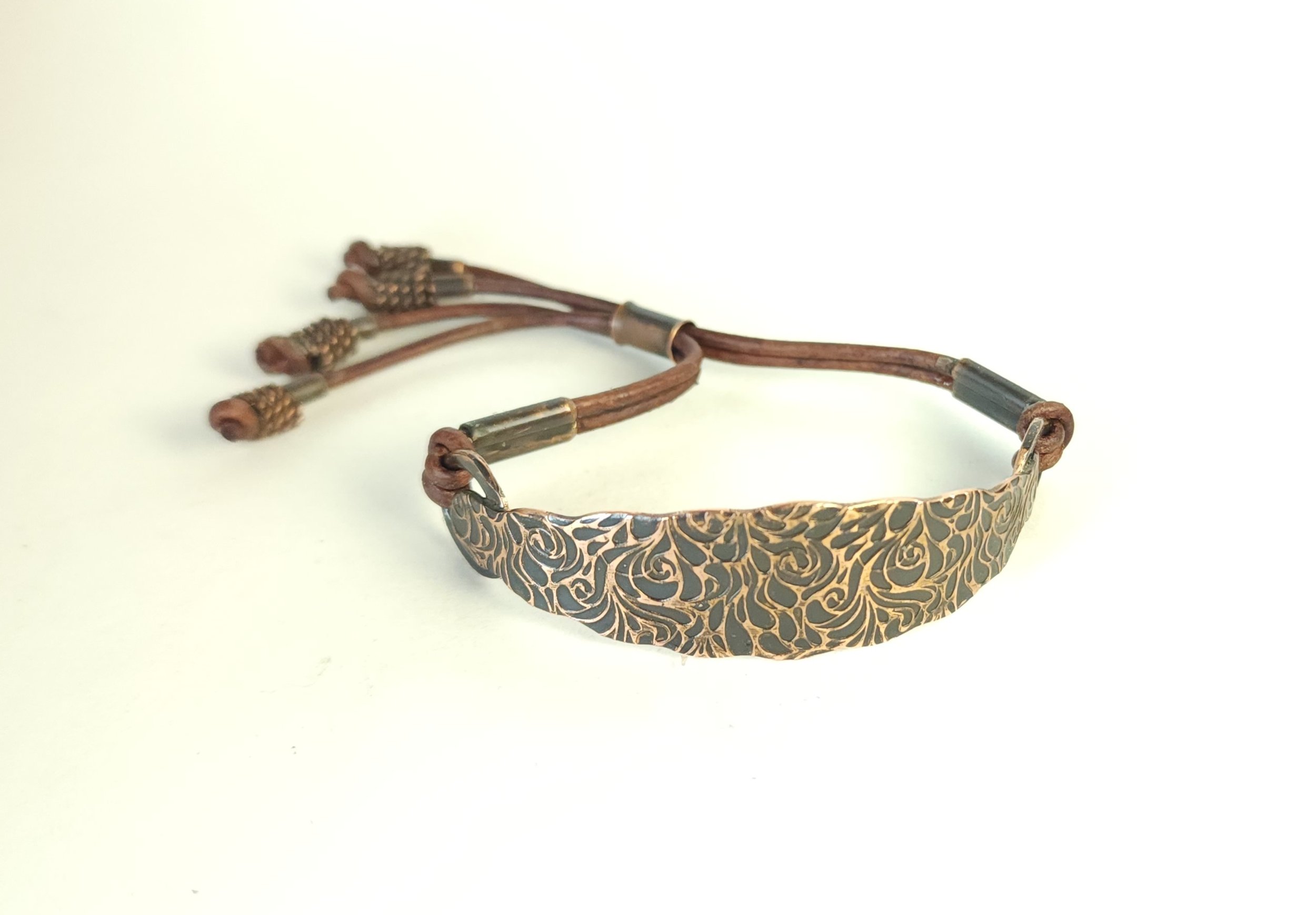 Etched Copper Scroll Bracelet with Adjustable Leather Sliding Clasp