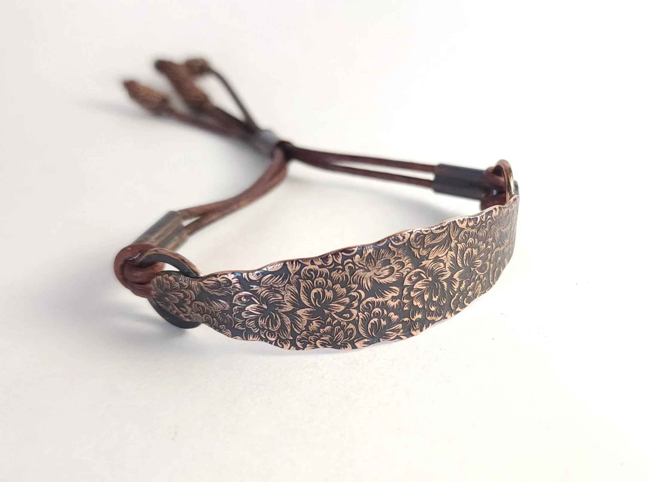 Etched Copper Floral Bracelet with Adjustable Leather Sliding Clasp