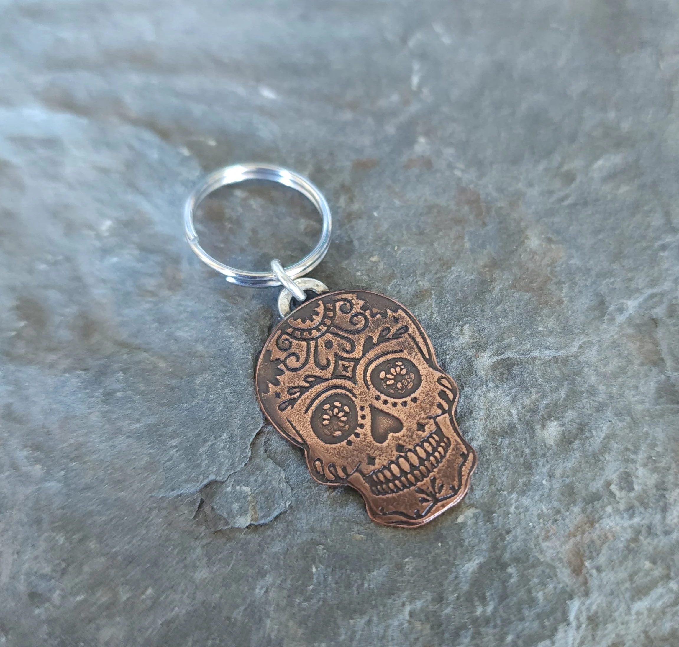 Handmade Copper Sugar Skull Keyring