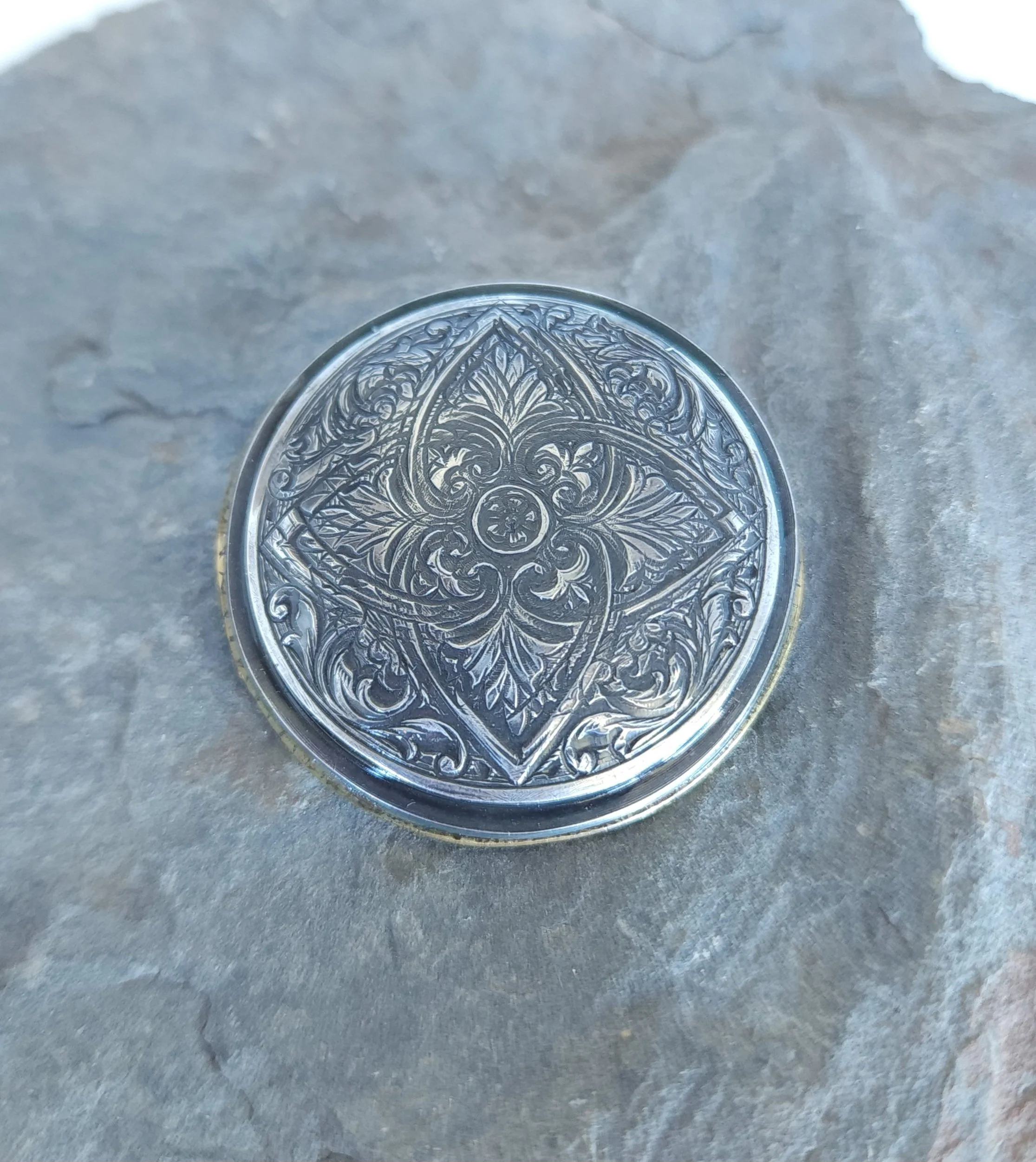 Victorian Scroll Pewter Brooch with Brass