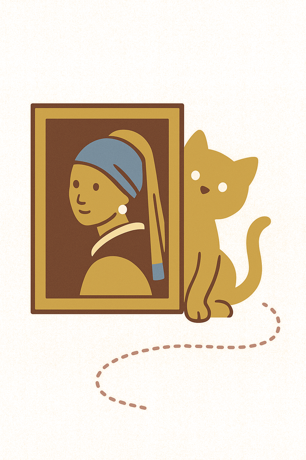 A stylized illustration of a cat, the Carpe Dayyyum Collective mascot - Simba!, sitting next to a framed portrait of a woman with a headscarf and smiling face, with a dashed line indicating movement.