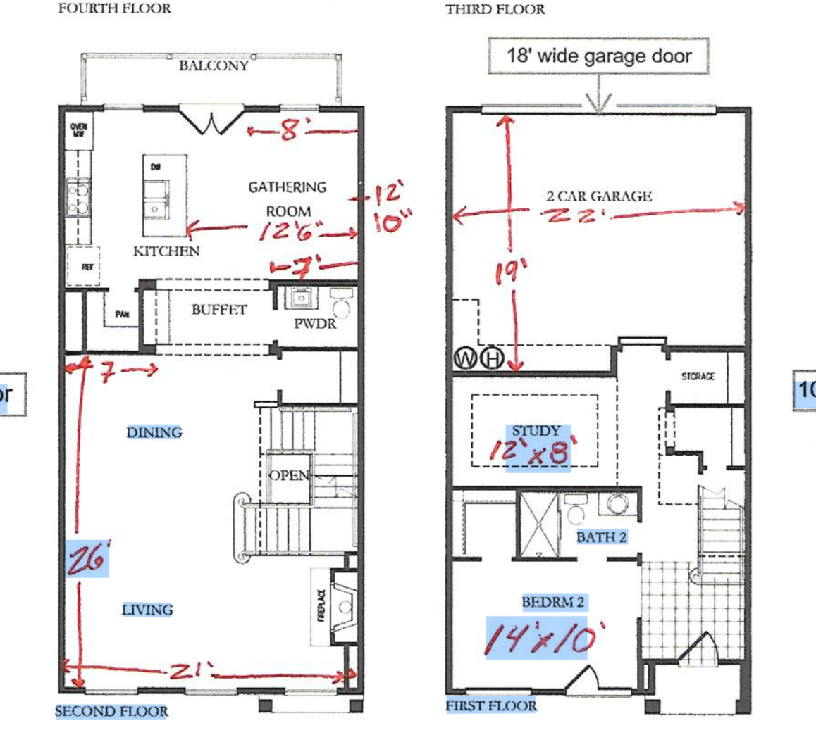 Floor plan of a two-story house showing dimensions of rooms and features. The second floor includes a living room, dining area, buffet, kitchen, gathering room, and balcony. The first floor features a study, bedroom 2, a bathroom, storage, and stairs. The garage on the third floor measures 19 by 22 feet with an 18-foot wide garage door.