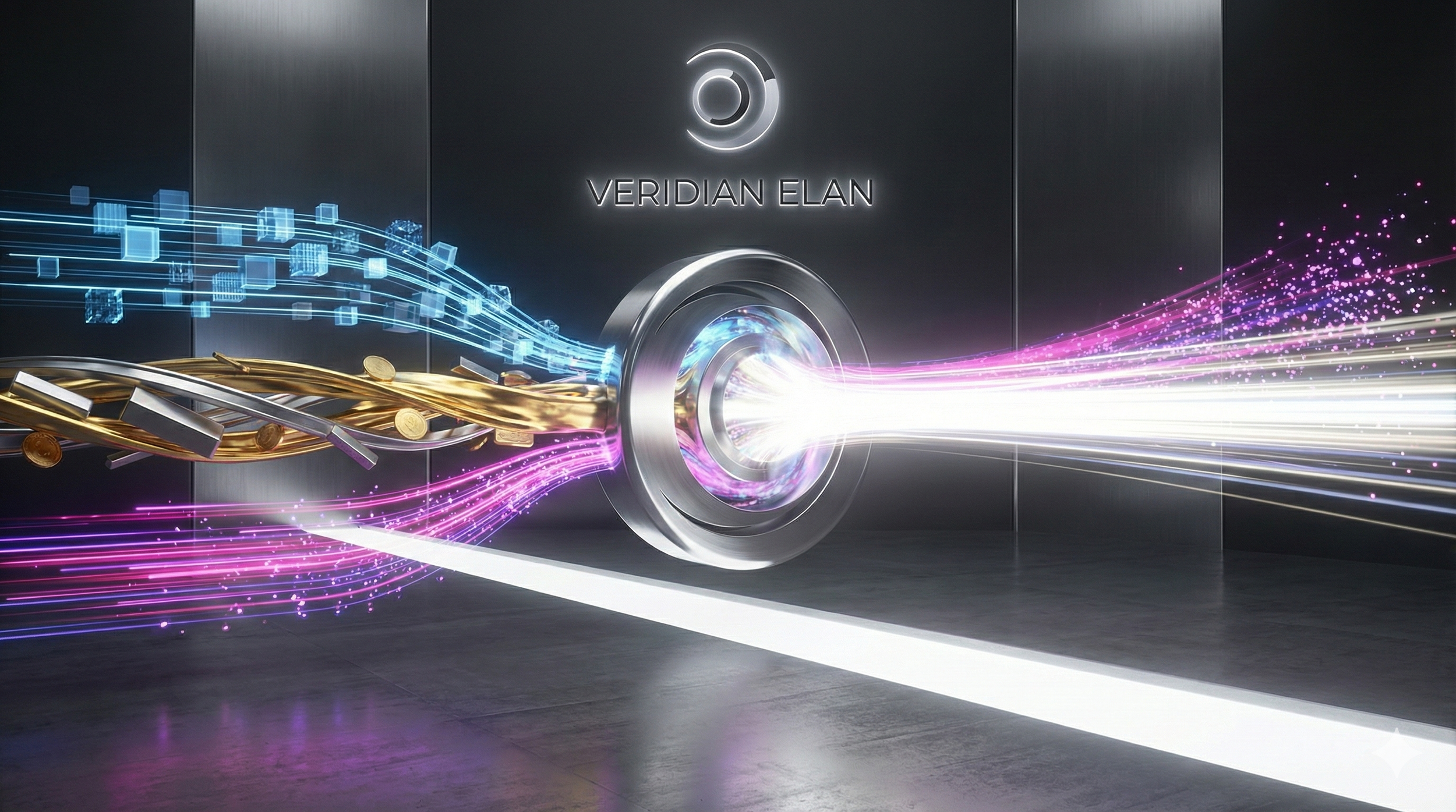 A futuristic image showing a digital tunnel with vibrant glowing lines, coins, and data streams entering a device labeled 'Veridian Elan' with a circular symbol.