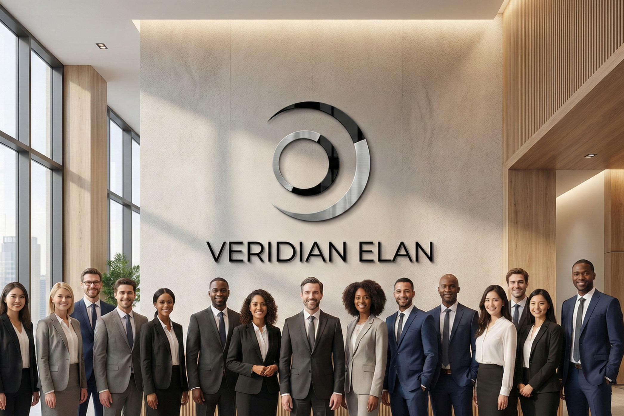 Group of diverse professionals in business attire standing in front of a wall with a logo and the text 'Veridian Elan' in a modern office lobby.