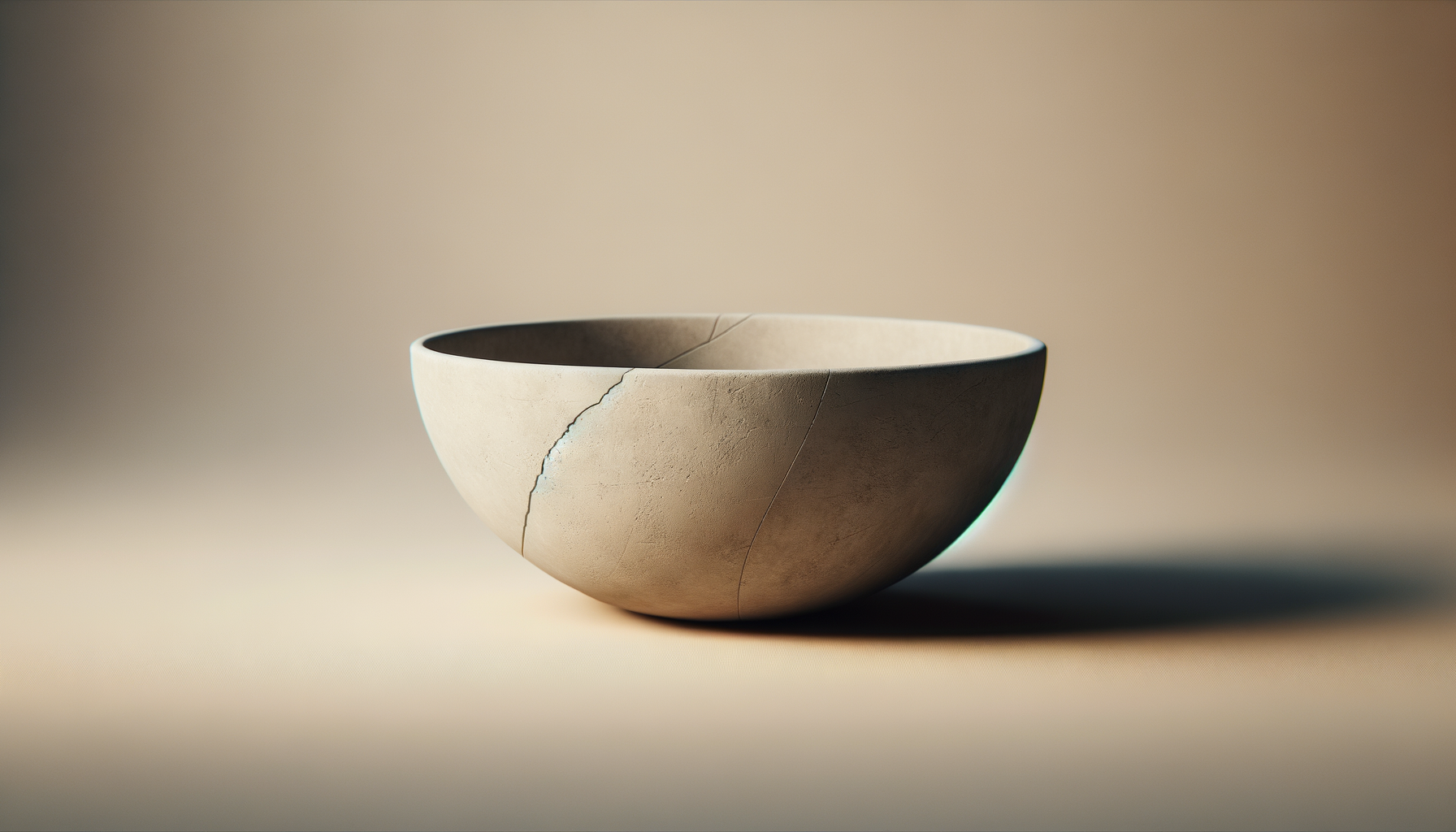 A beige ceramic bowl with visible cracks, placed on a neutral background with soft lighting.
