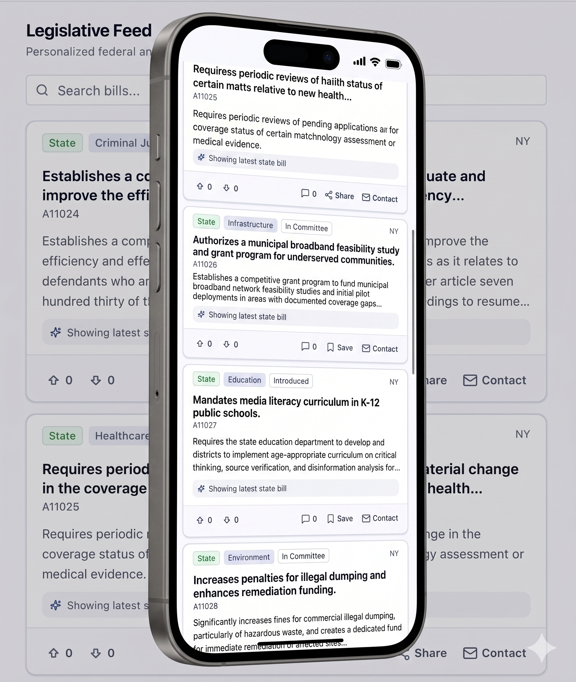 Smartphone displaying legislative bills related to state laws and regulations, with a blurred background showing a website page titled 'Legislative Feed' and search bar.