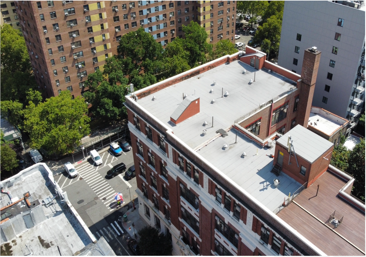 An aerial view of city buildings with green trees, parked cars, and a crosswalk at street level.