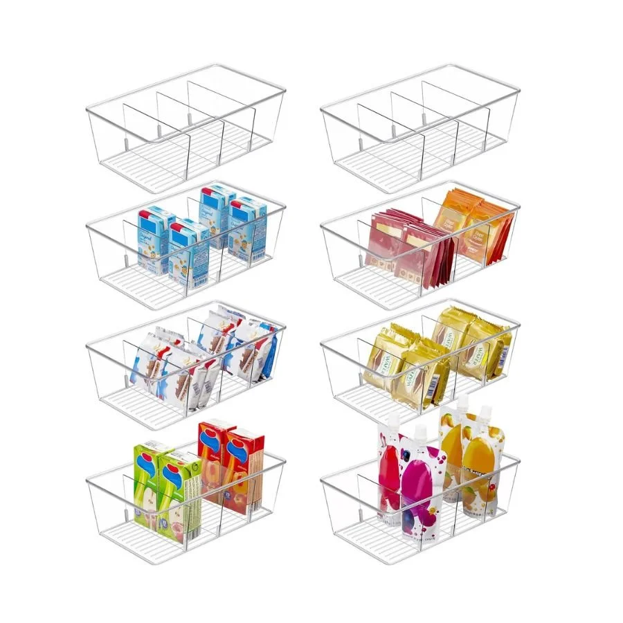 Empty and filled wire baskets with yogurt drink bottles, packets of flavored milk, yogurt pouches, and drink boxes.
