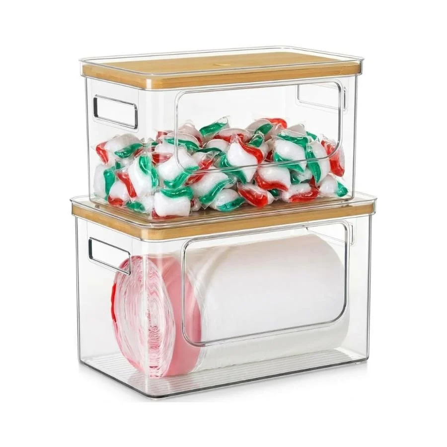 A clear plastic storage box filled with red, green, and white peppermint candies, with a wooden lid on top.