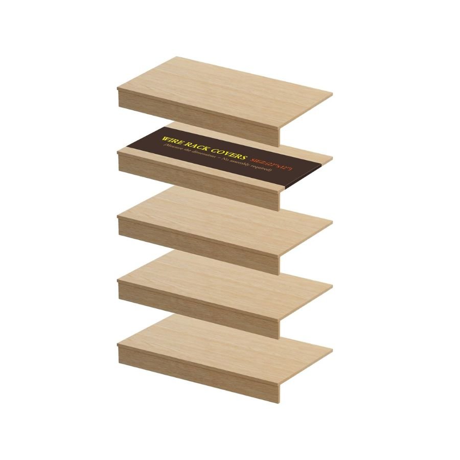 Six wooden shelves stacked vertically, with the second shelf from the top holding a package labeled "Wire Rack Covers".