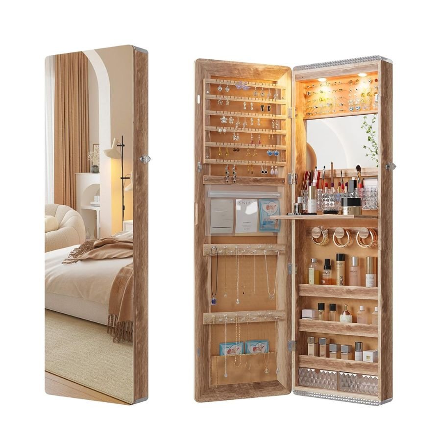 A wall-mounted jewelry and makeup storage cabinet with a mirror, open on one side revealing organized jewelry, cosmetics, and accessories inside.