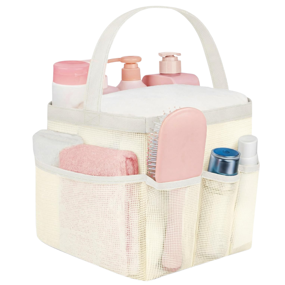 A travel toiletry bag with various pink, white, and blue bottles and containers, some with pumps, a pink vented comb, a towel, and a soap bar inside.