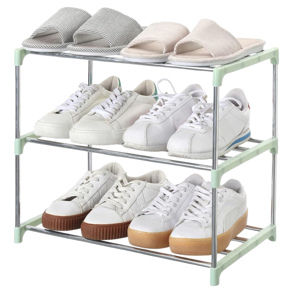 A three-tier shoe rack with slippers on the top shelf and white sneakers on the middle and bottom shelves.
